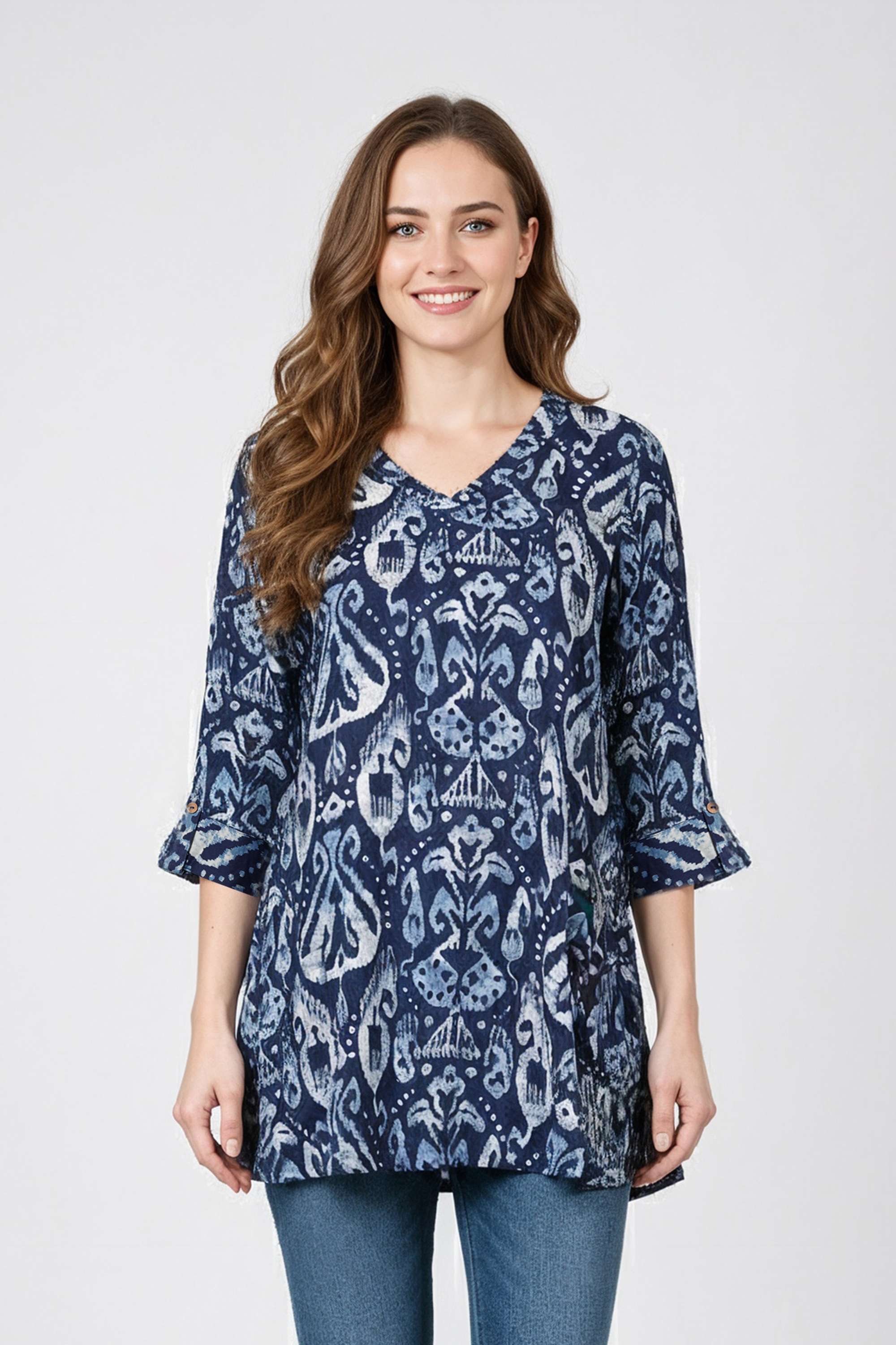 Block-Print-Rayon-V-Neck-Women-s-Tunic