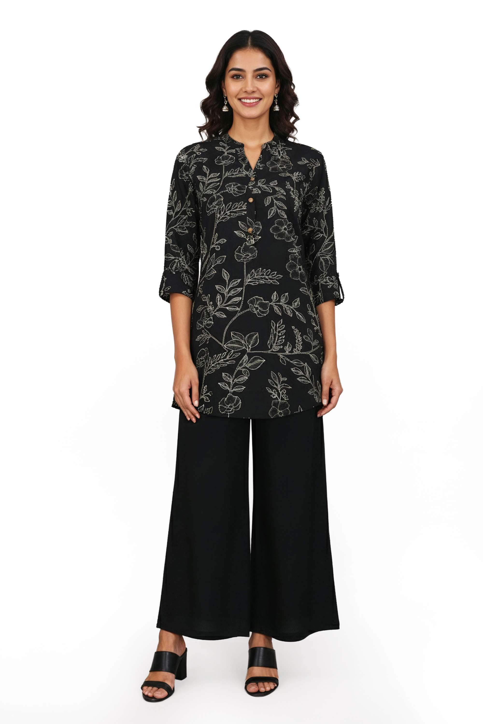 Embroidered-Henley-Blended-Fabric-Women-s-Tunic