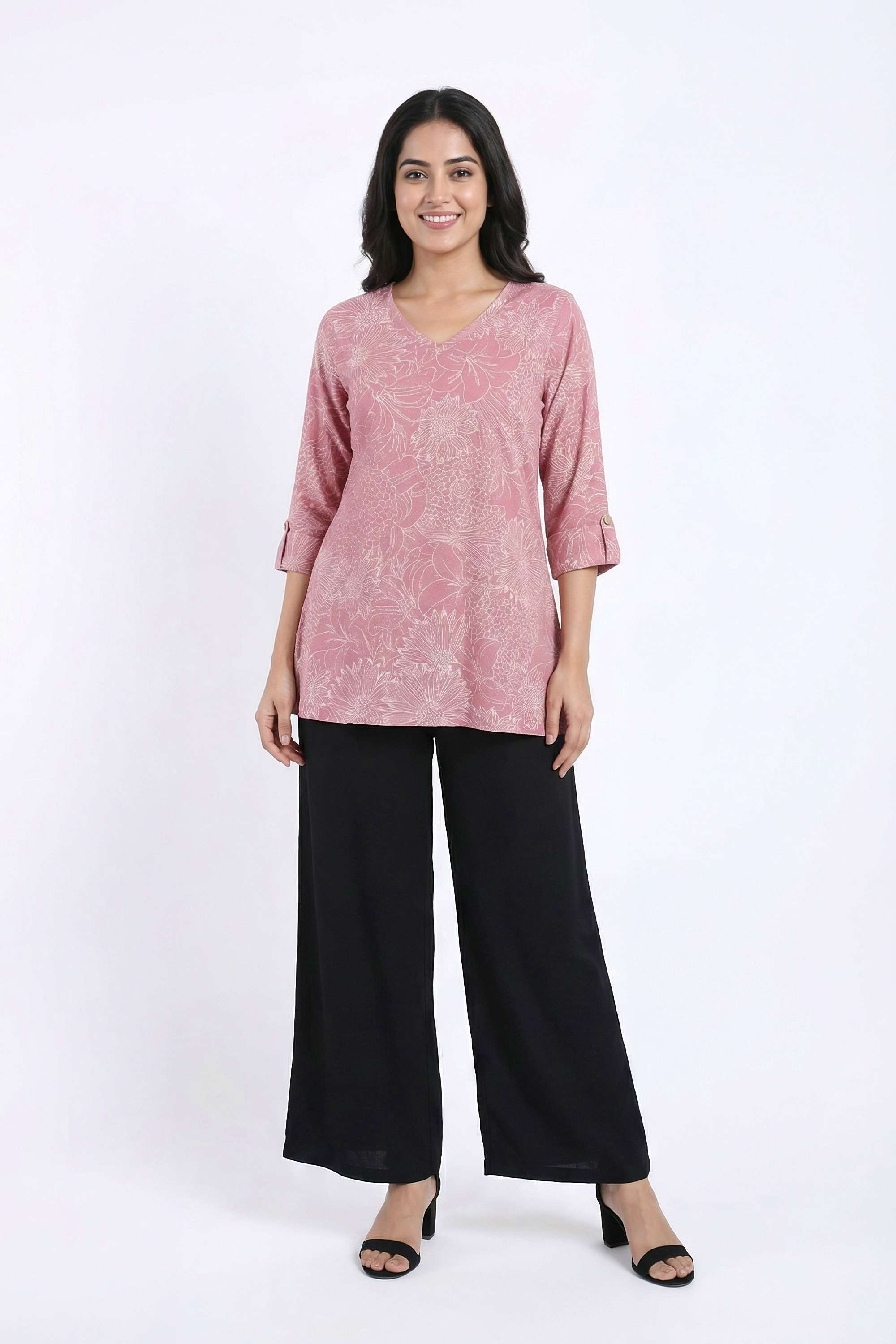 Floral-Blended-Fabric-V-Neck-Women-s-Tunic