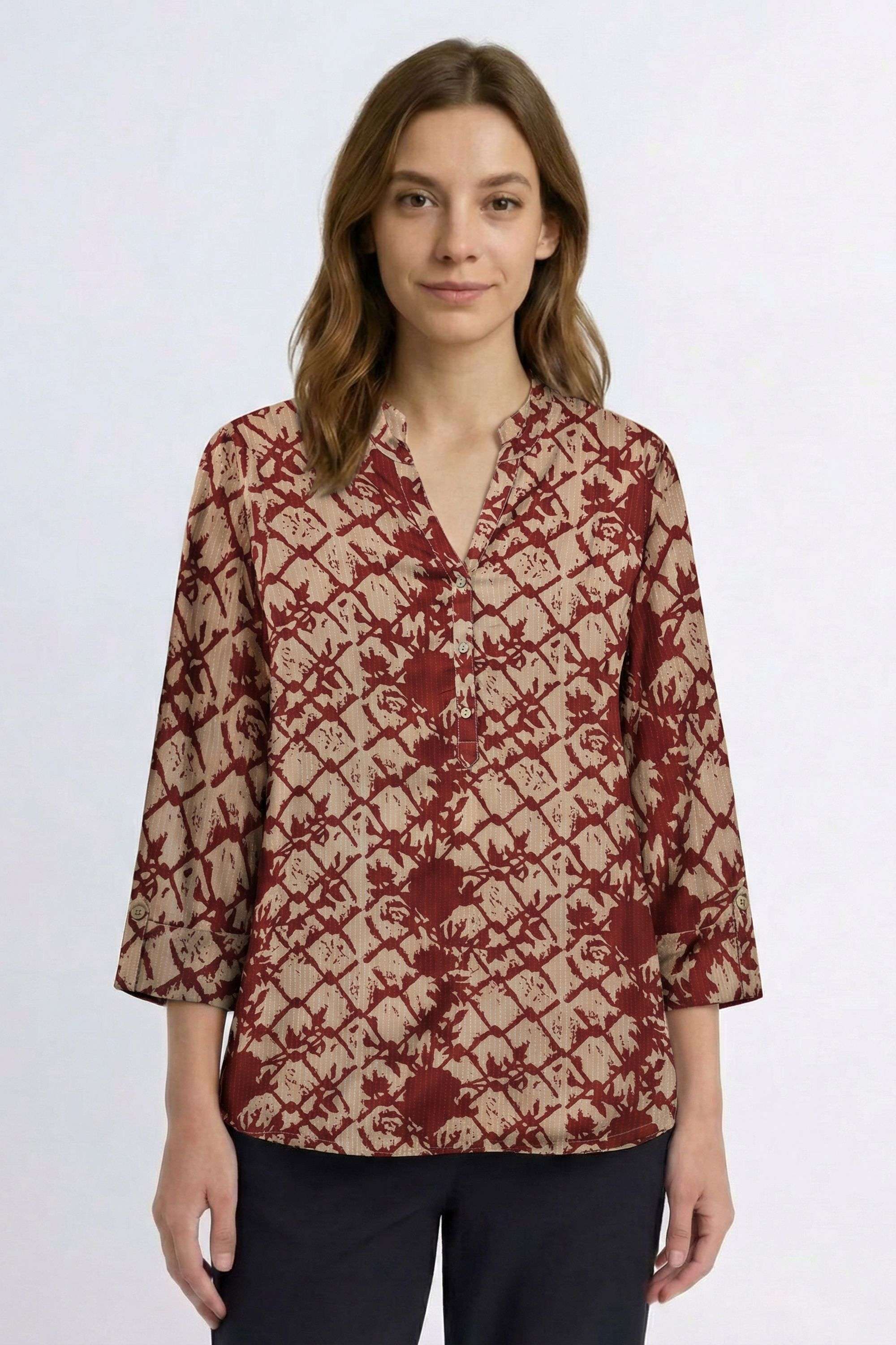 Printed-Blended-Fabric-Henley-Women-s-Tunic