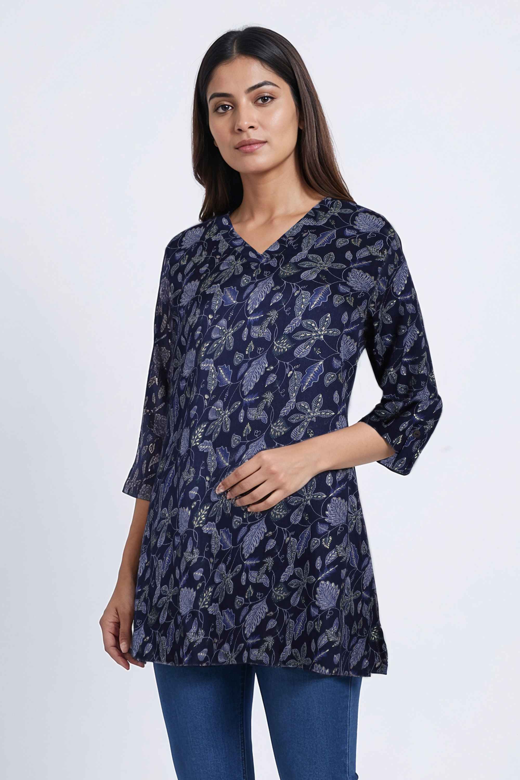 Floral-Blended-Fabric-V-Neck-Women-Tunic