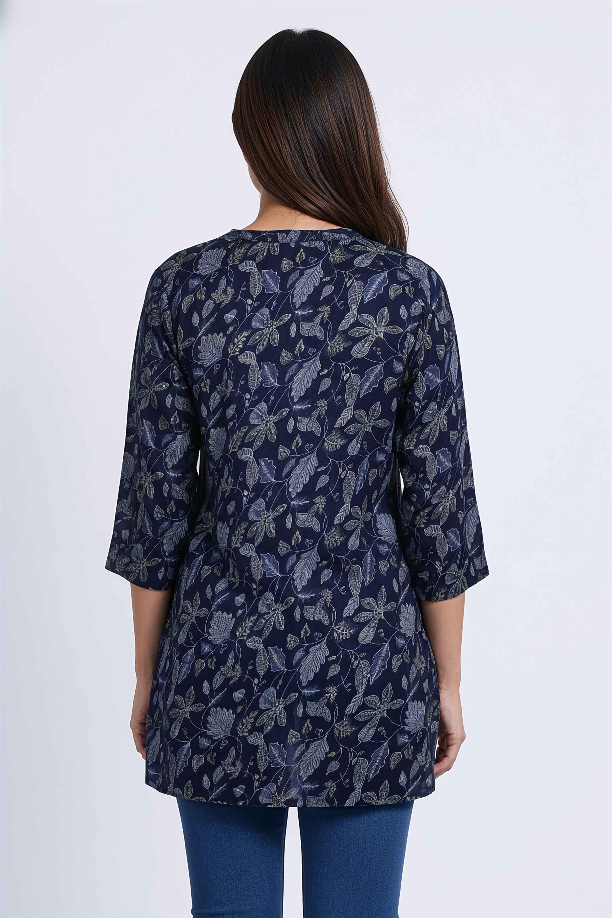 Floral-Blended-Fabric-V-Neck-Women-Tunic