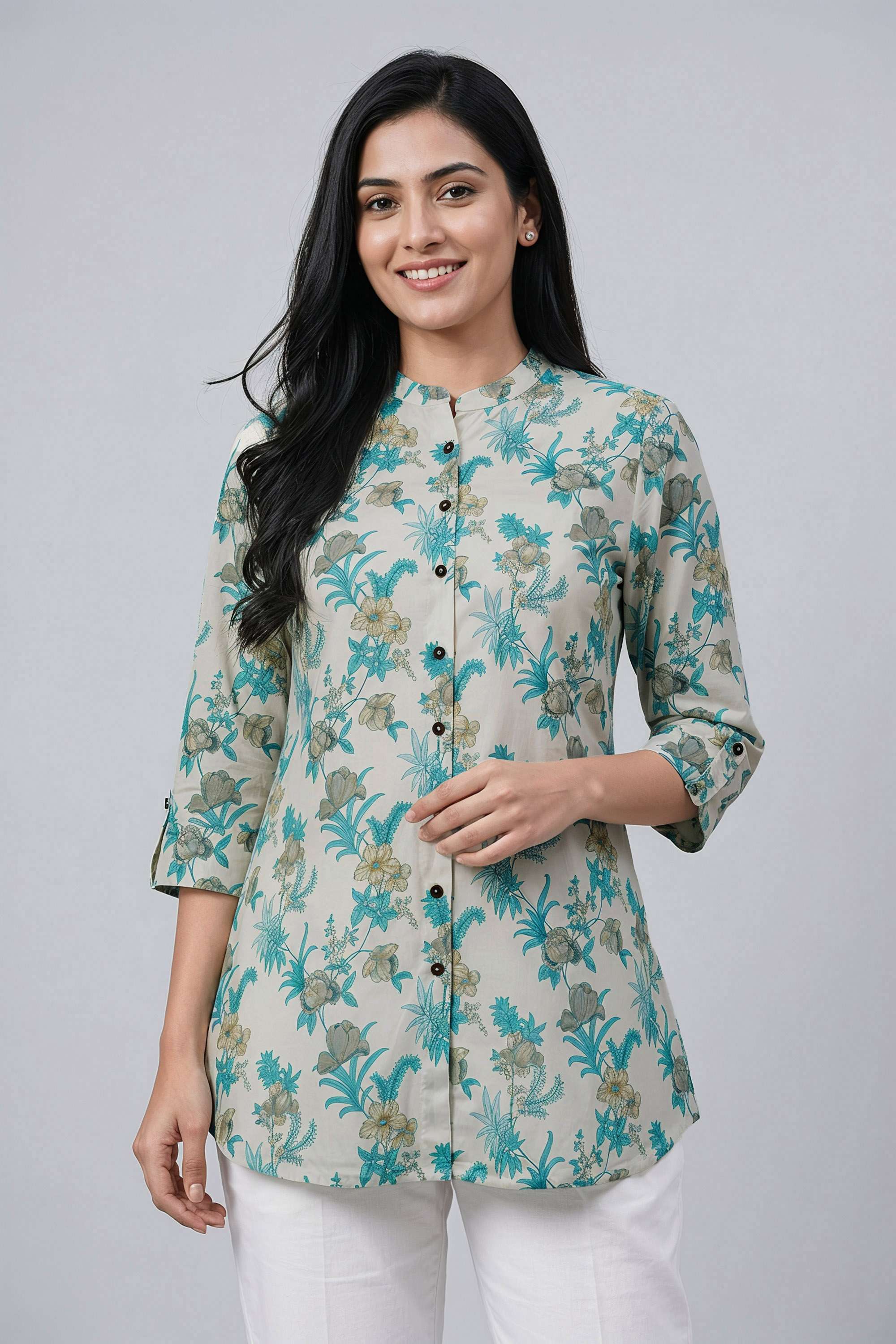 Printed-Blended-Fabric-Collared-Women-s-Tunic