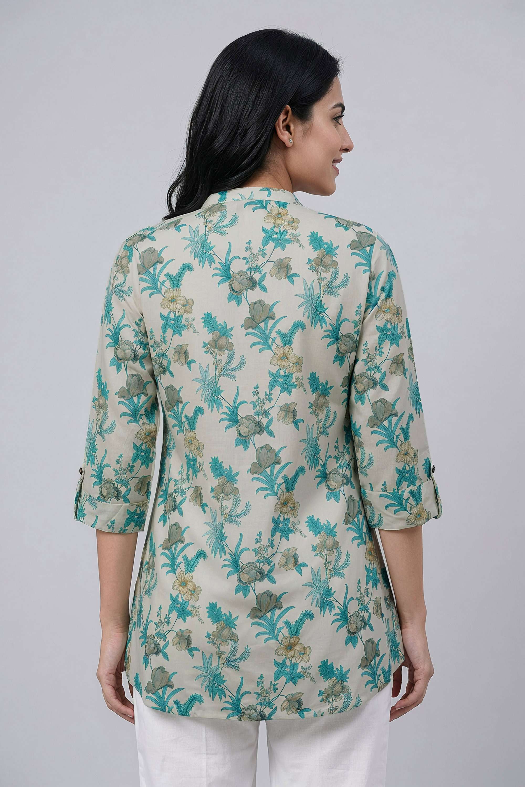 Printed-Blended-Fabric-Collared-Women-s-Tunic
