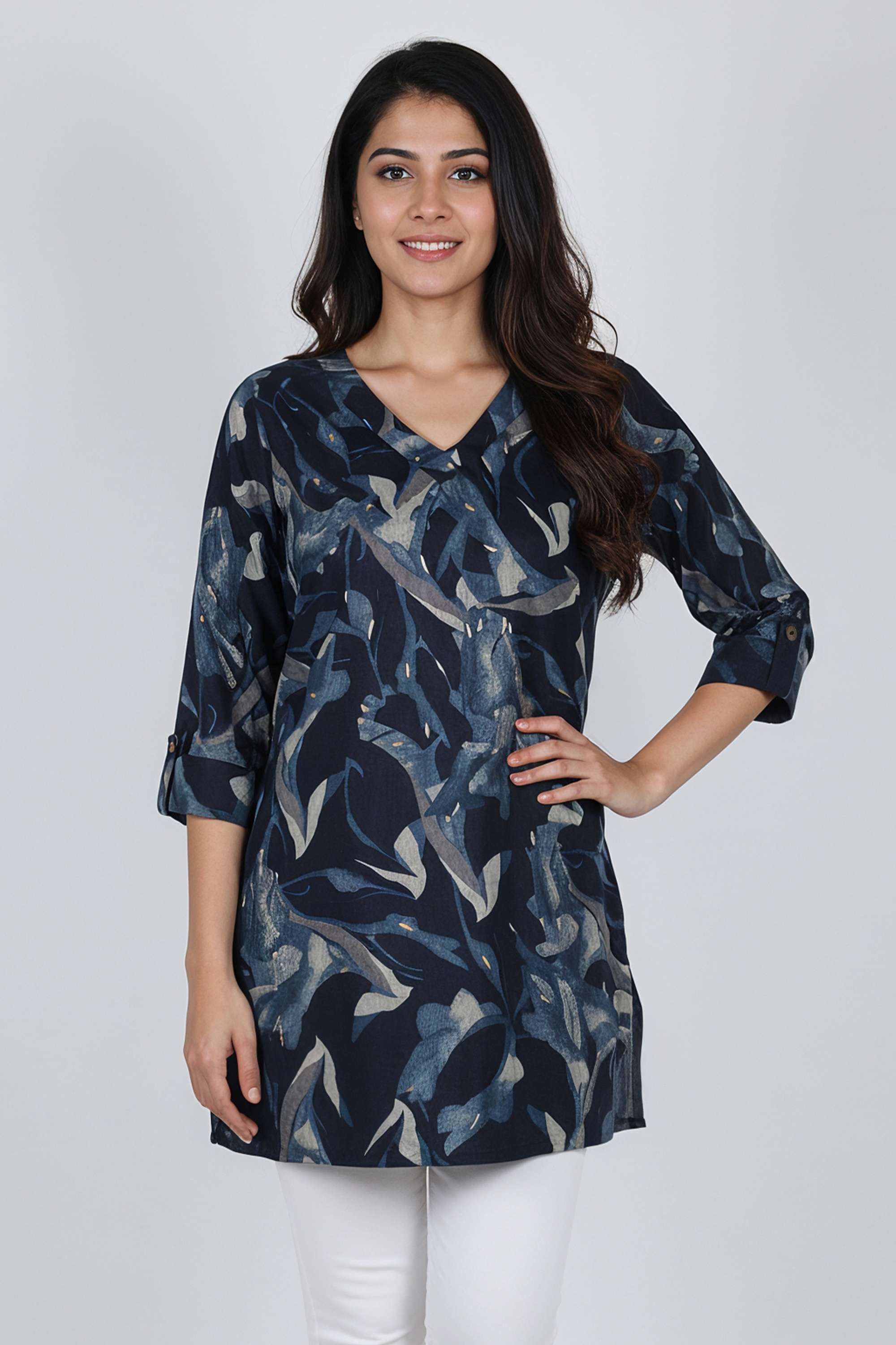 Floral-Blended-Fabric-V-Neck-Women-Tunic
