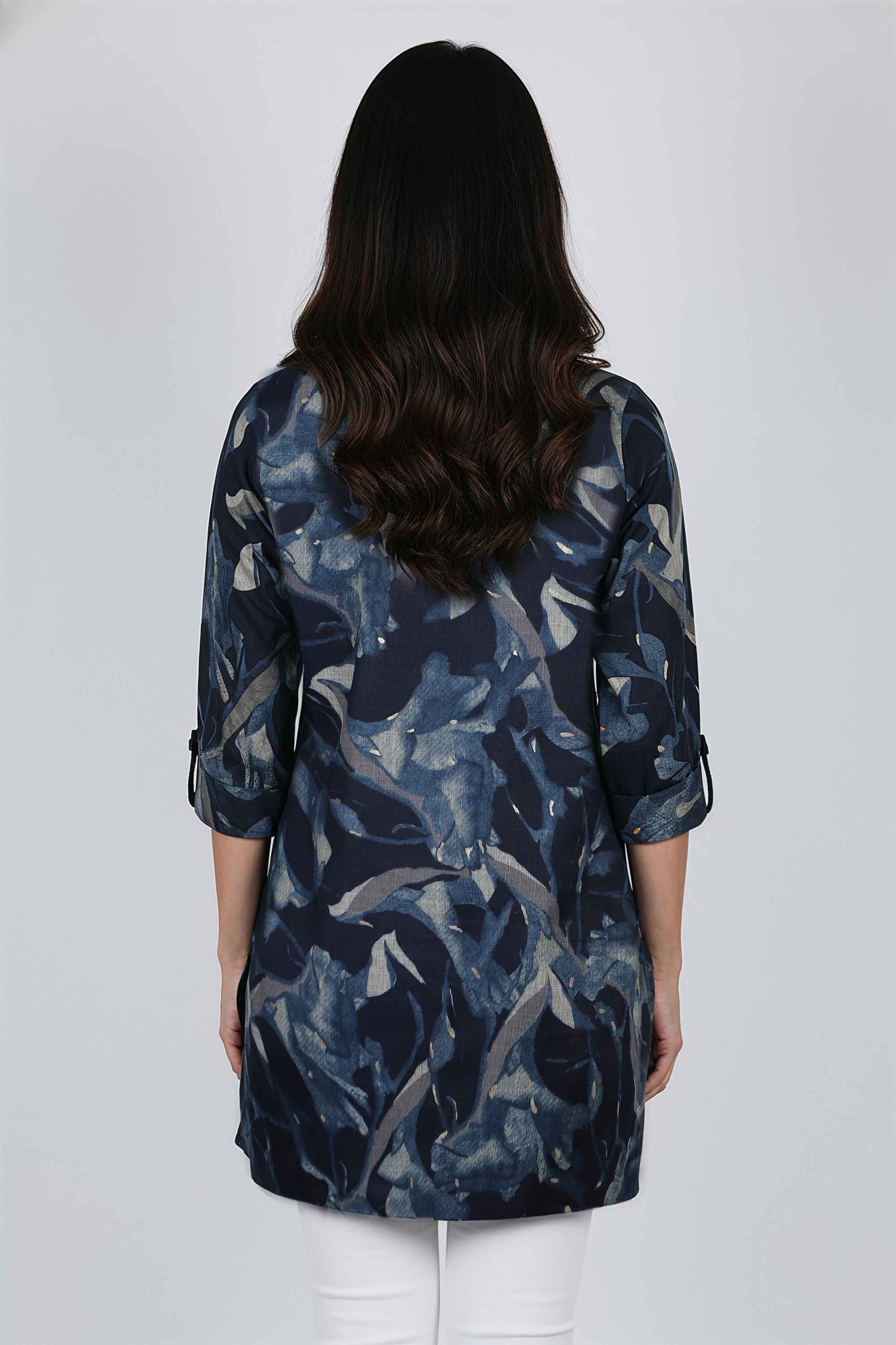 Floral-Blended-Fabric-V-Neck-Women-Tunic
