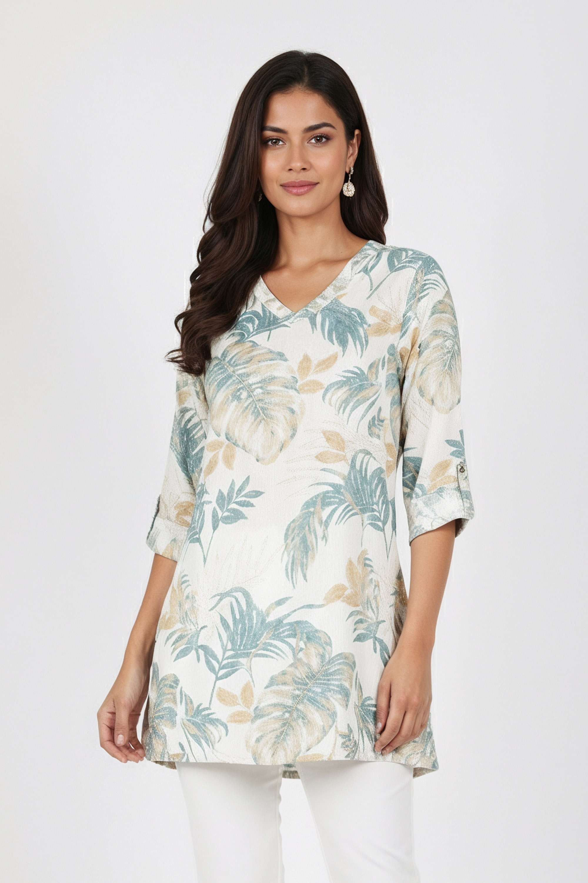 Printed-Blended-Fabric-V-Neck-Women-s-Tunic