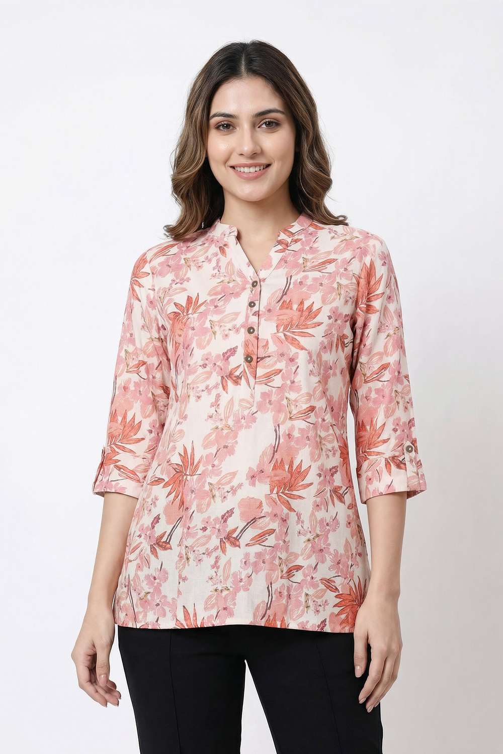 Printed-Blended-Fabric-Henley-Women-s-Tunic