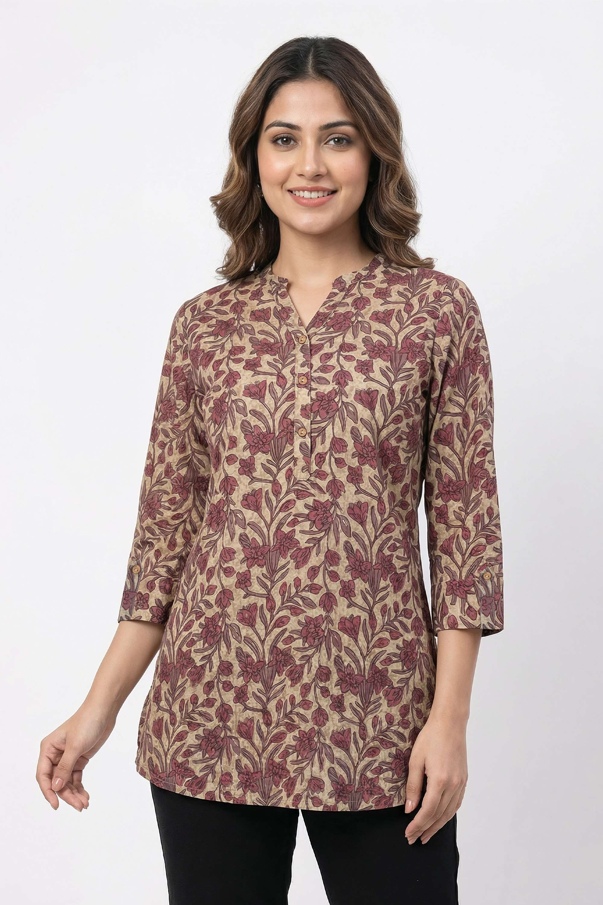 Solid-Blended-Fabric-Y-Neck-Women-s-Tunic
