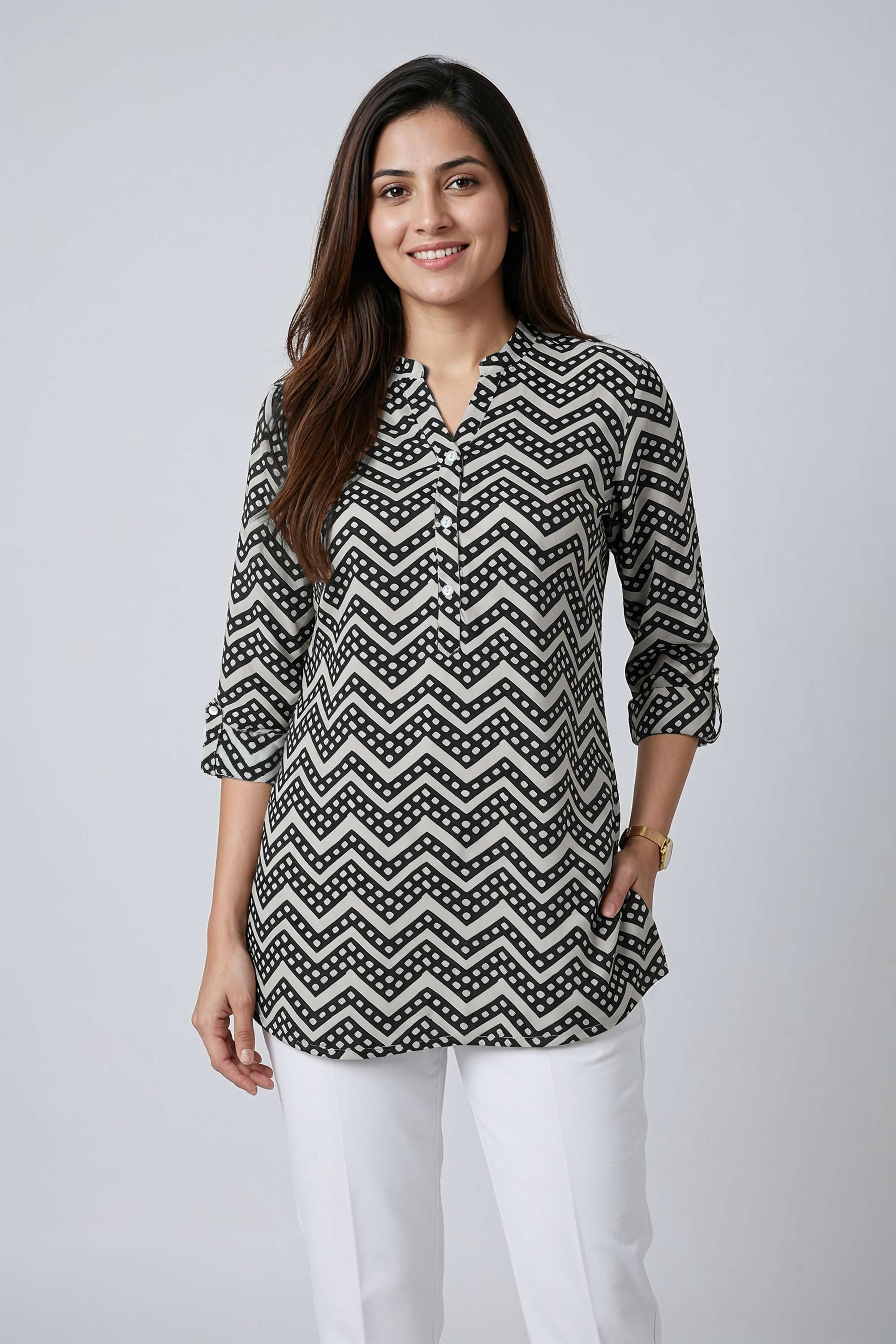 Printed-Blended-Fabric-Collared-Women-s-Tunic