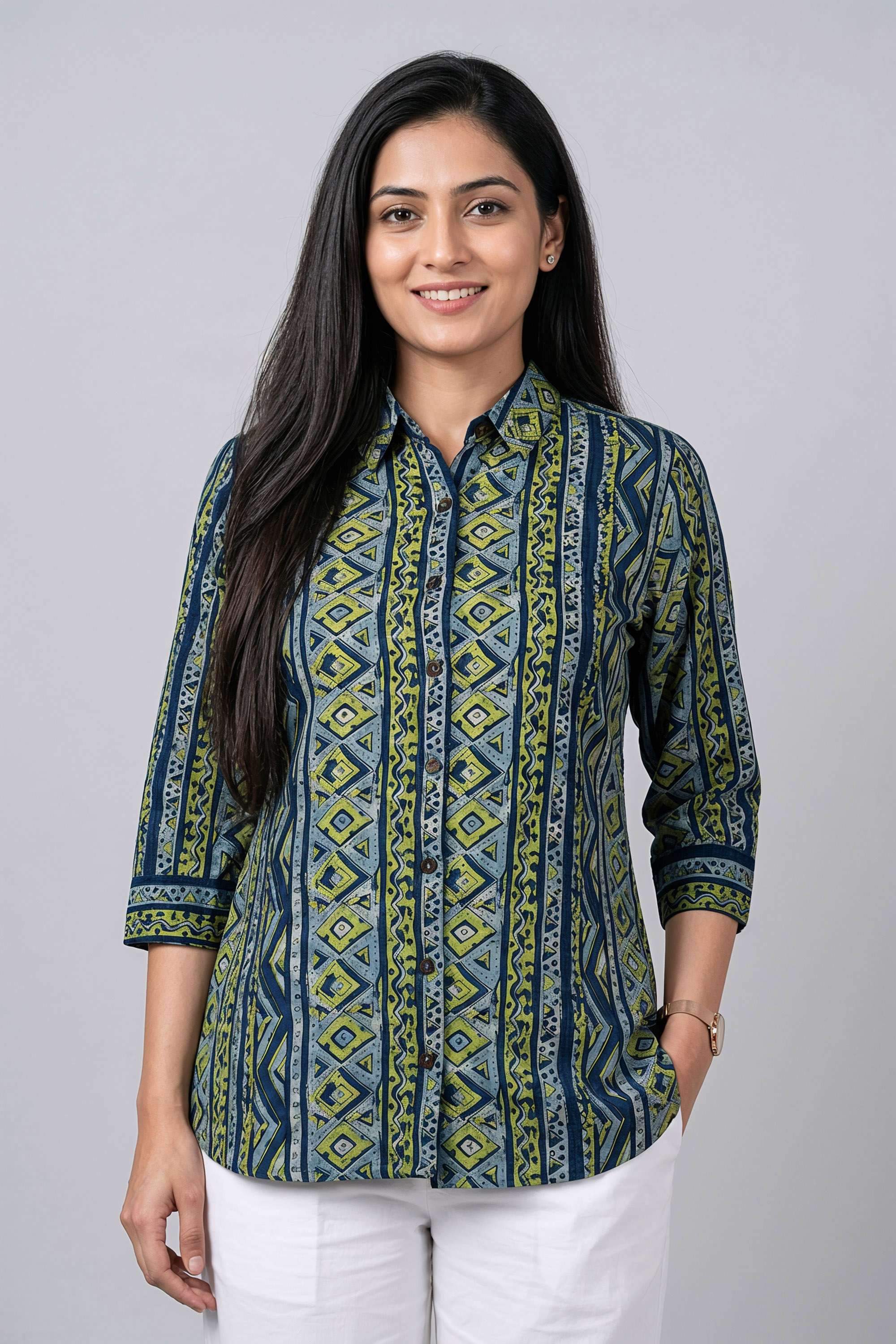 Printed-Blended-Fabric-Collared-Women-s-Tunic