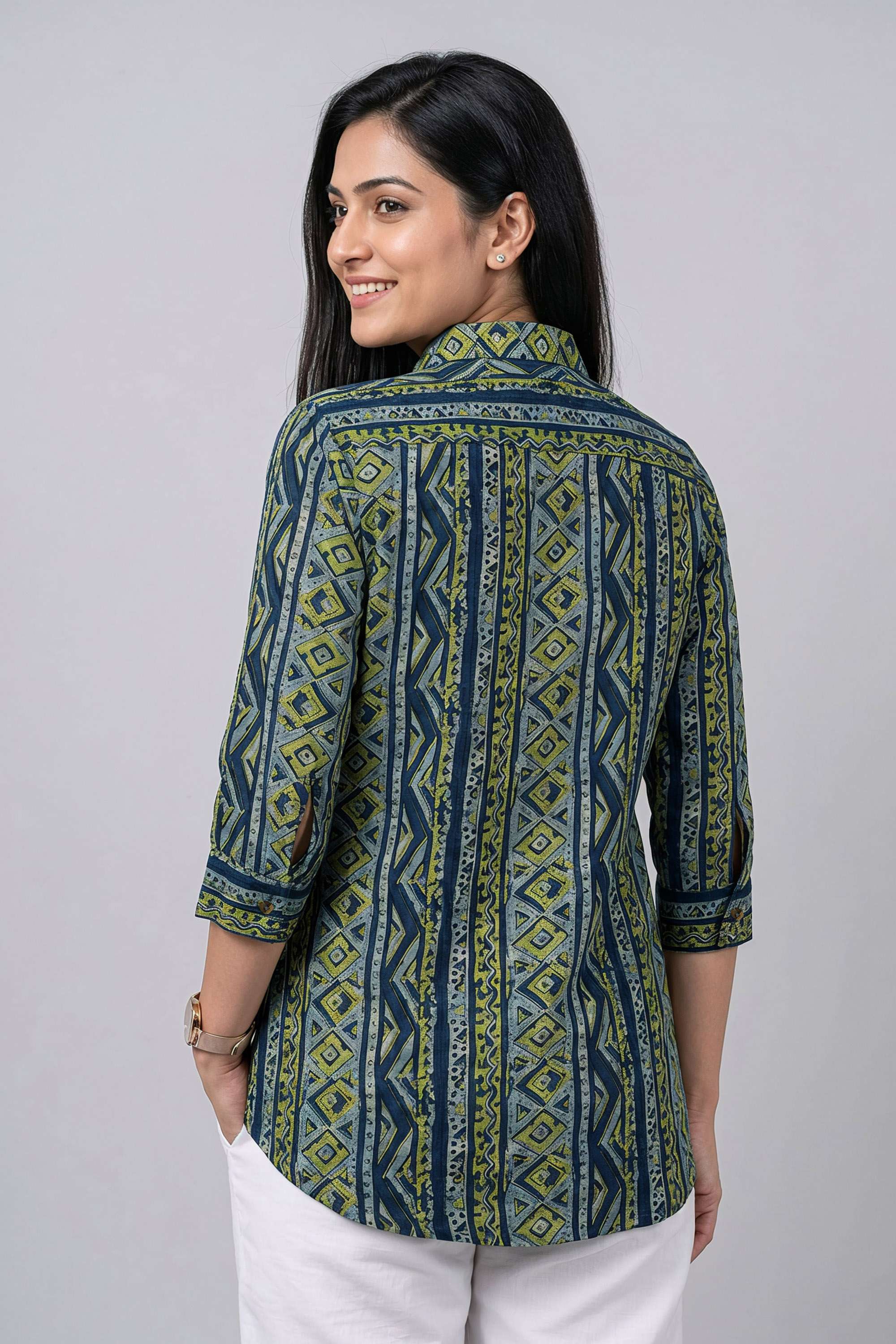 Printed-Blended-Fabric-Collared-Women-s-Tunic