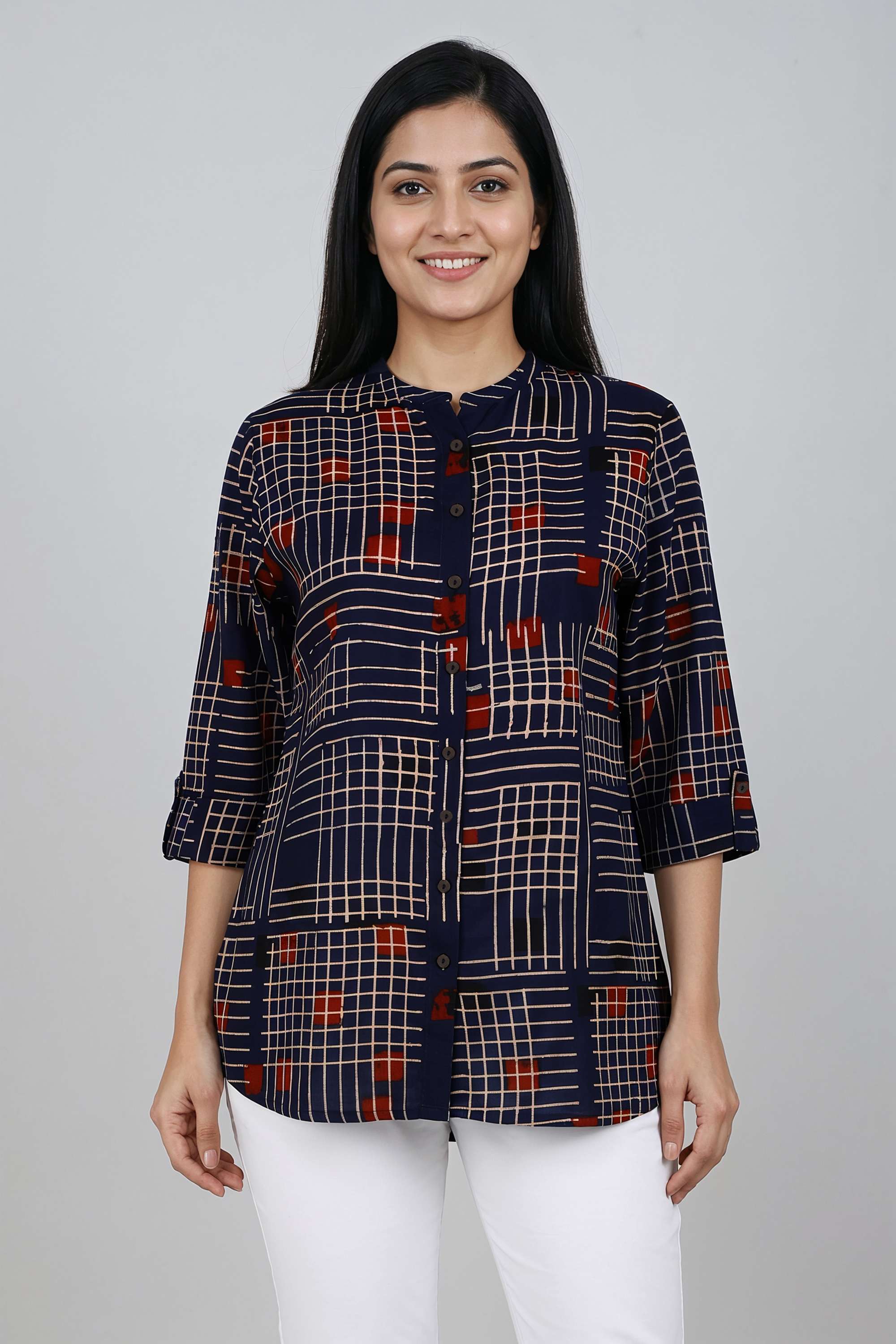Printed-Blended-Fabric-Collared-Women-s-Tunic