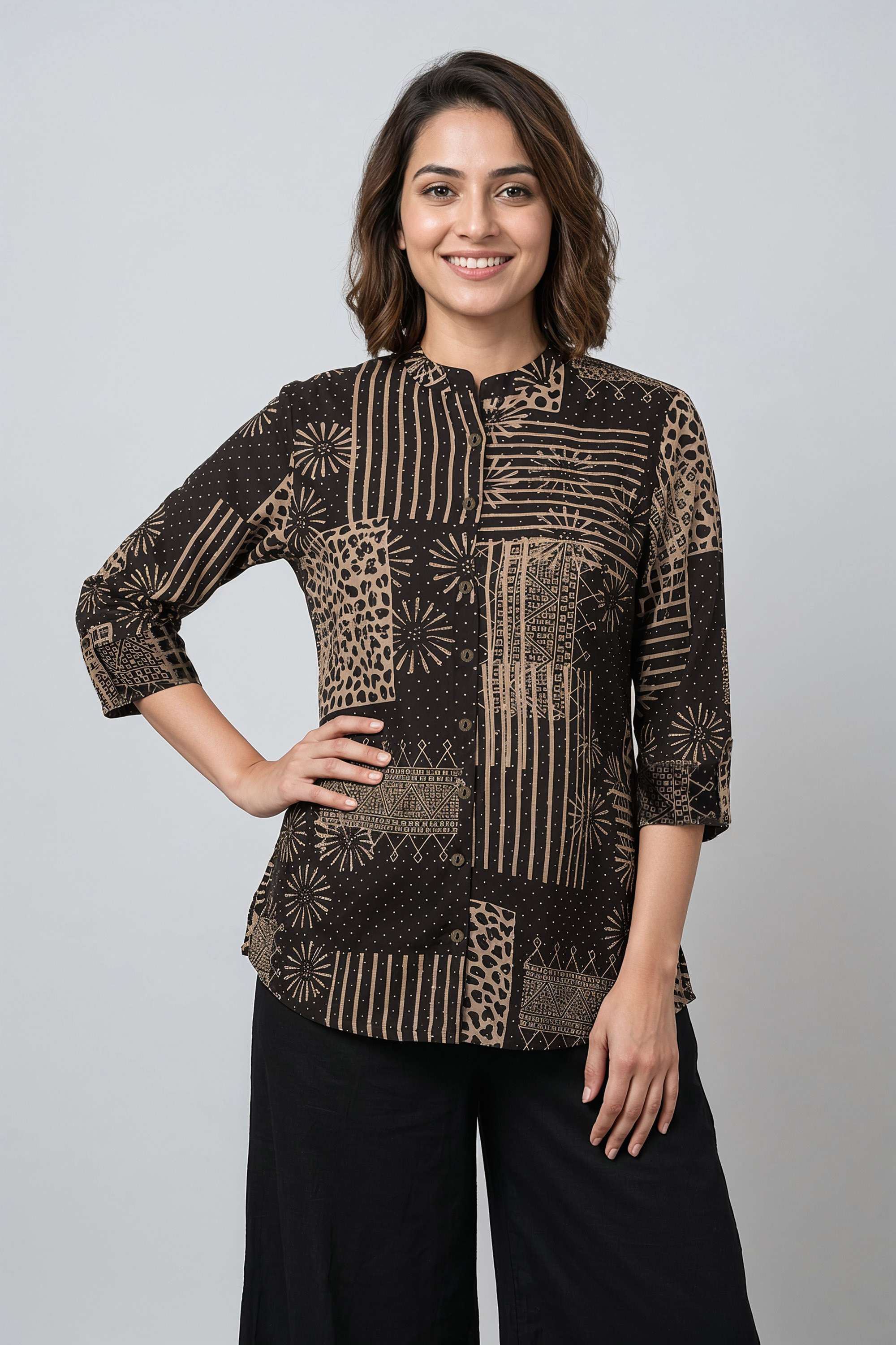 Printed-Blended-Fabric-Collared-Women-s-Tunic