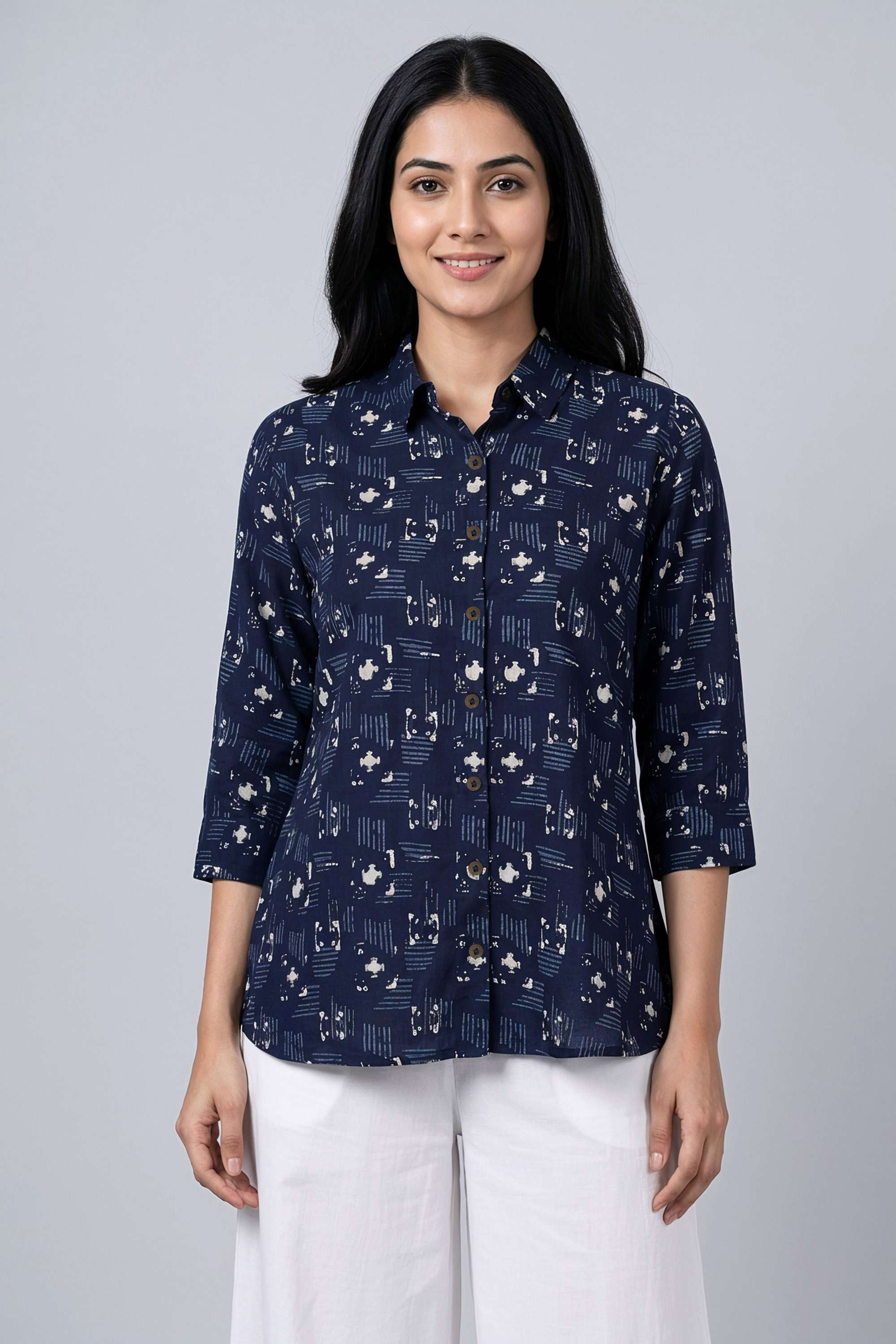 Printed-Blended-Fabric-Collared-Women-s-Tunic