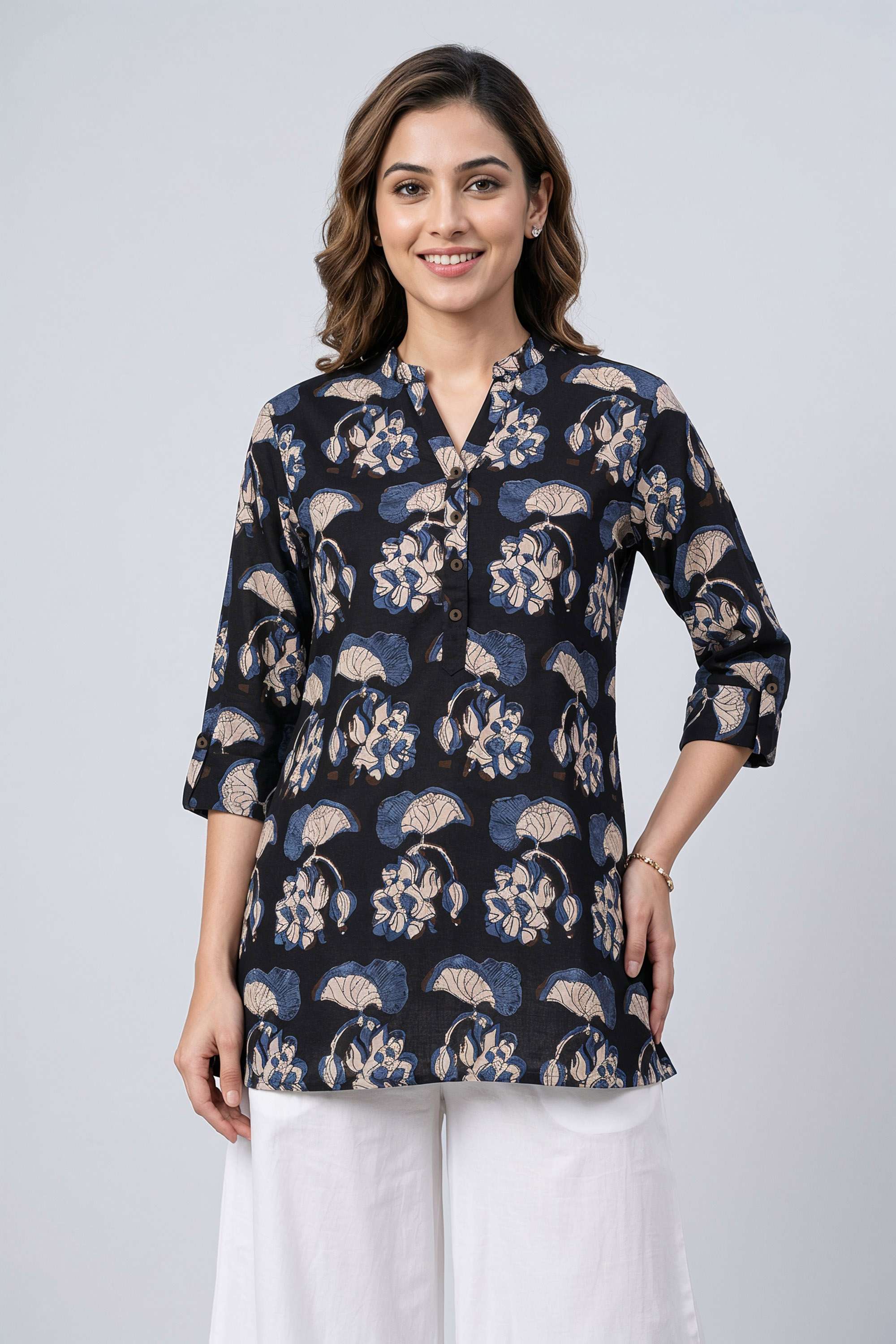 Printed-Blended-Fabric-Collared-Women-s-Tunic
