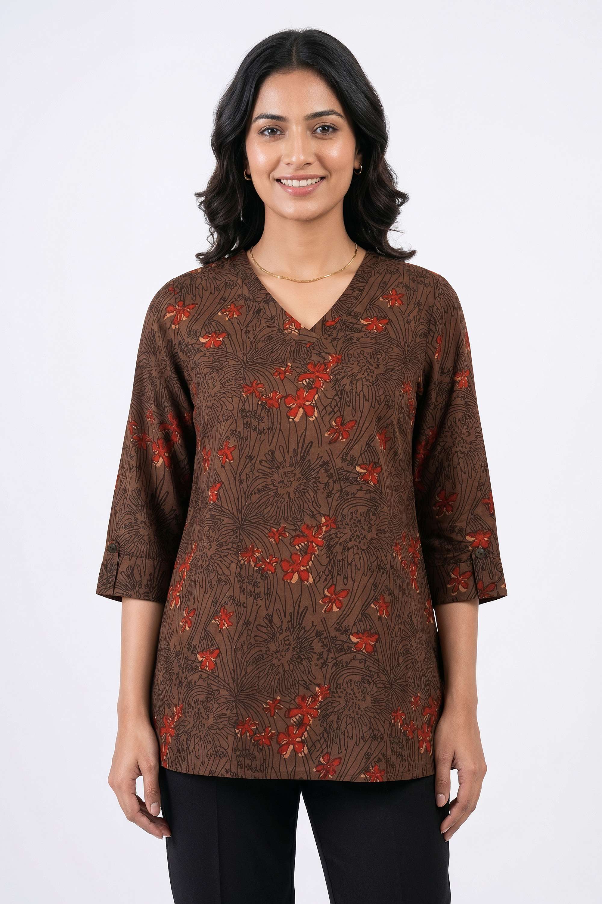 Printed-Blended-Fabric-V-Neck-Women-s-Tunic