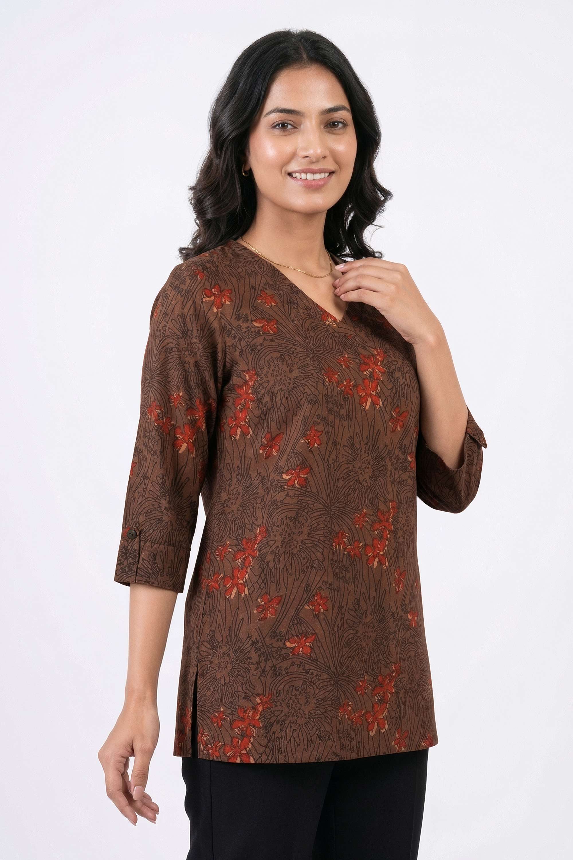 Printed-Blended-Fabric-V-Neck-Women-s-Tunic