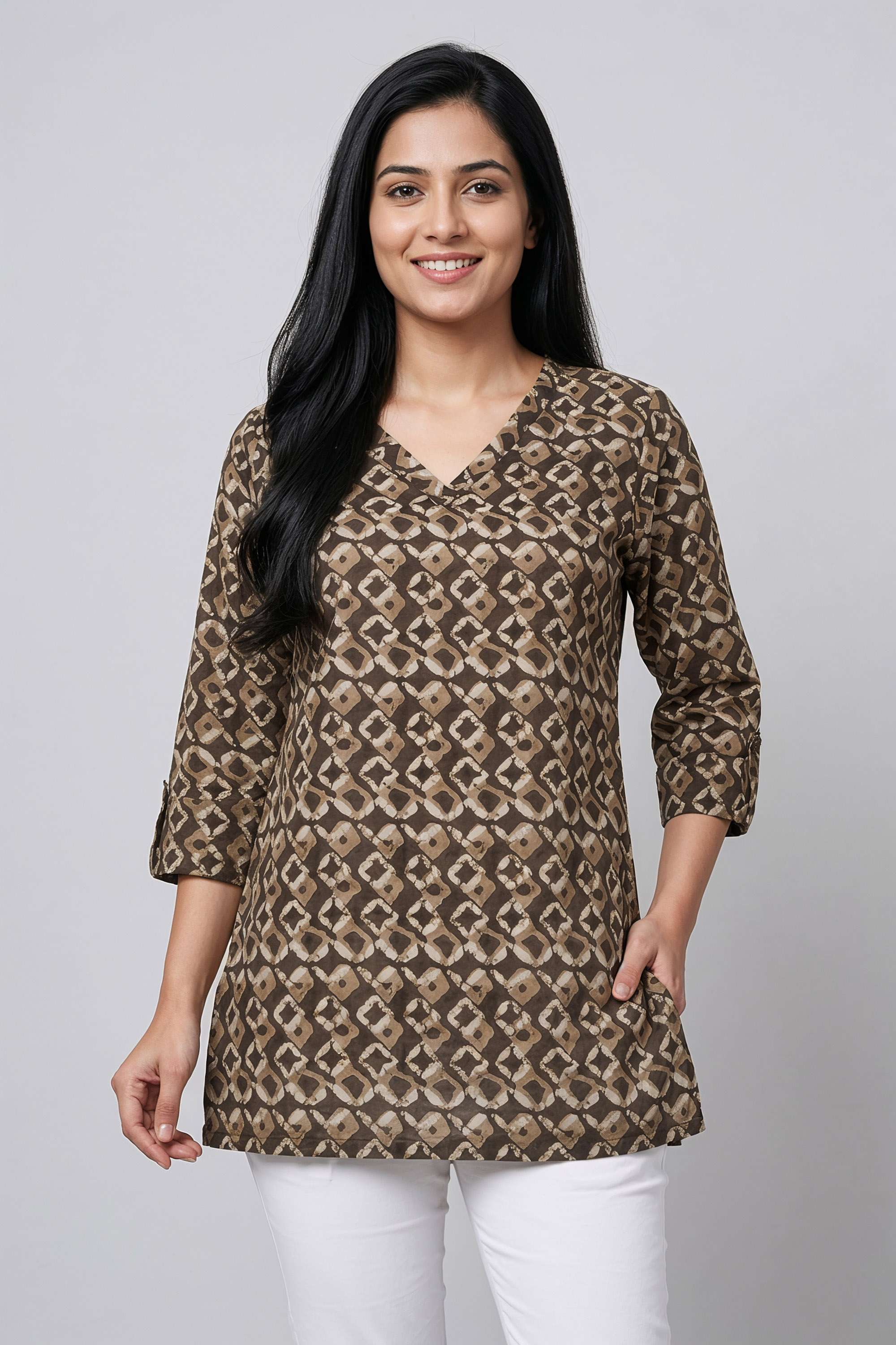 Solid-Rayon-V-Neck-Women-s-Tunic