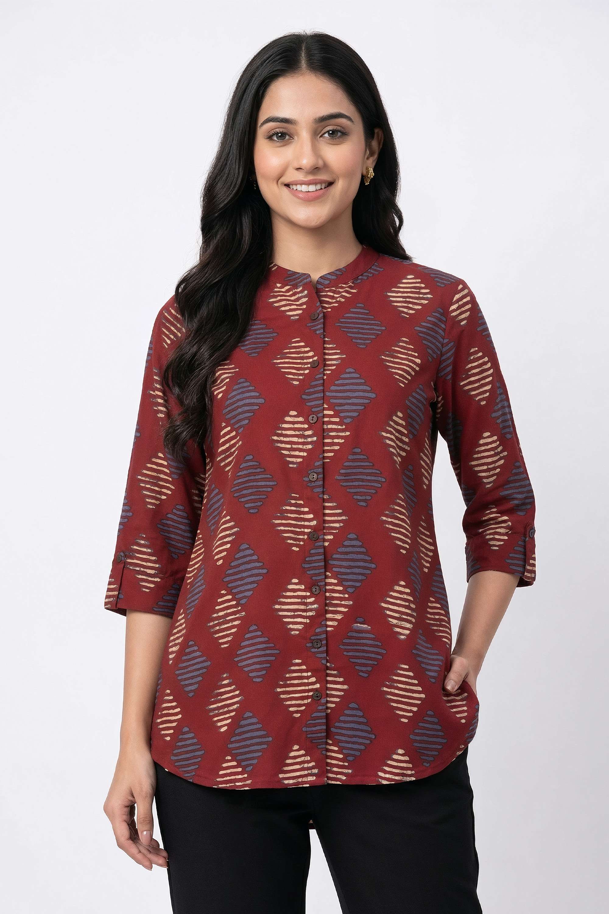 Printed-Blended-Fabric-Collared-Women-s-Tunic