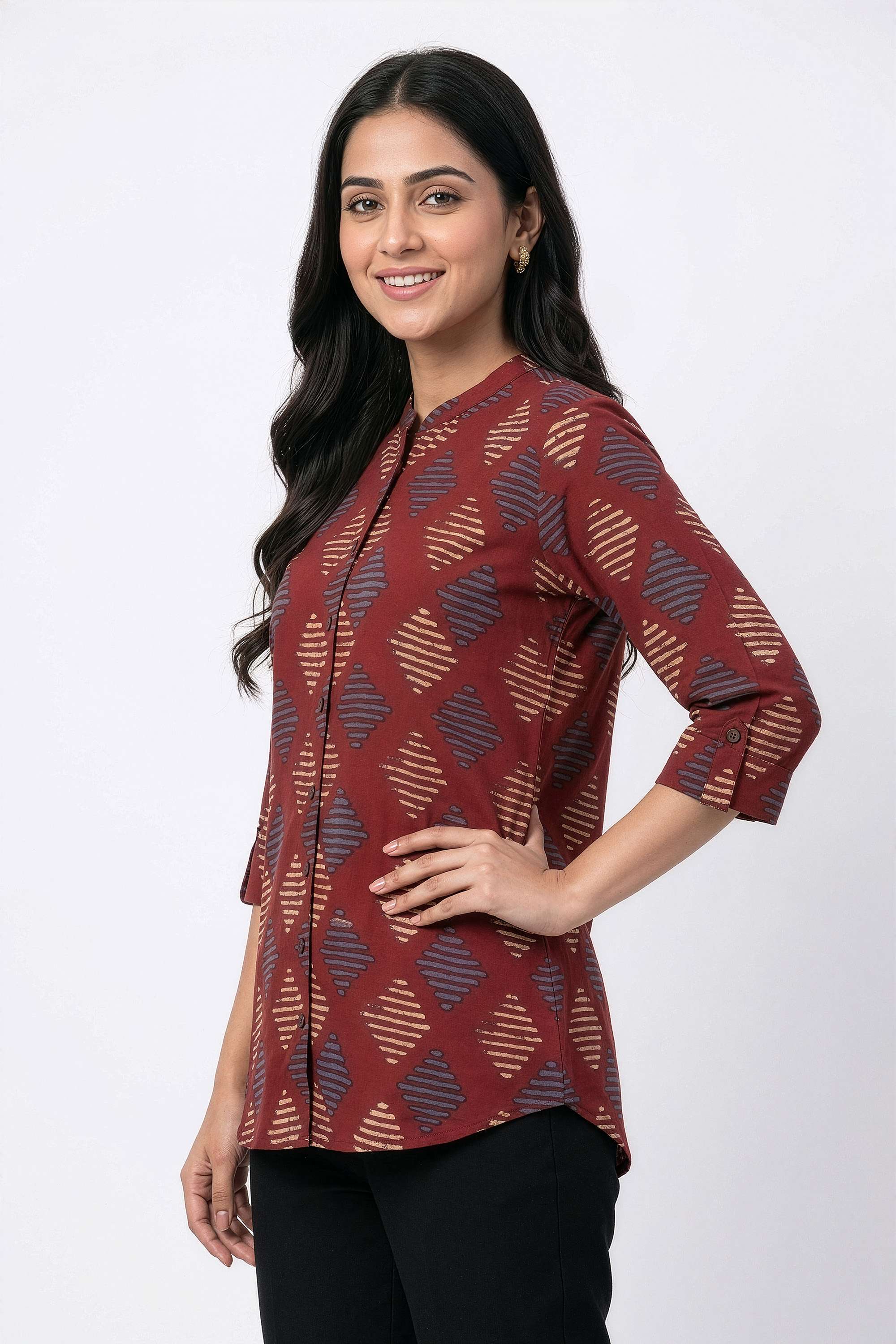 Printed-Blended-Fabric-Collared-Women-s-Tunic