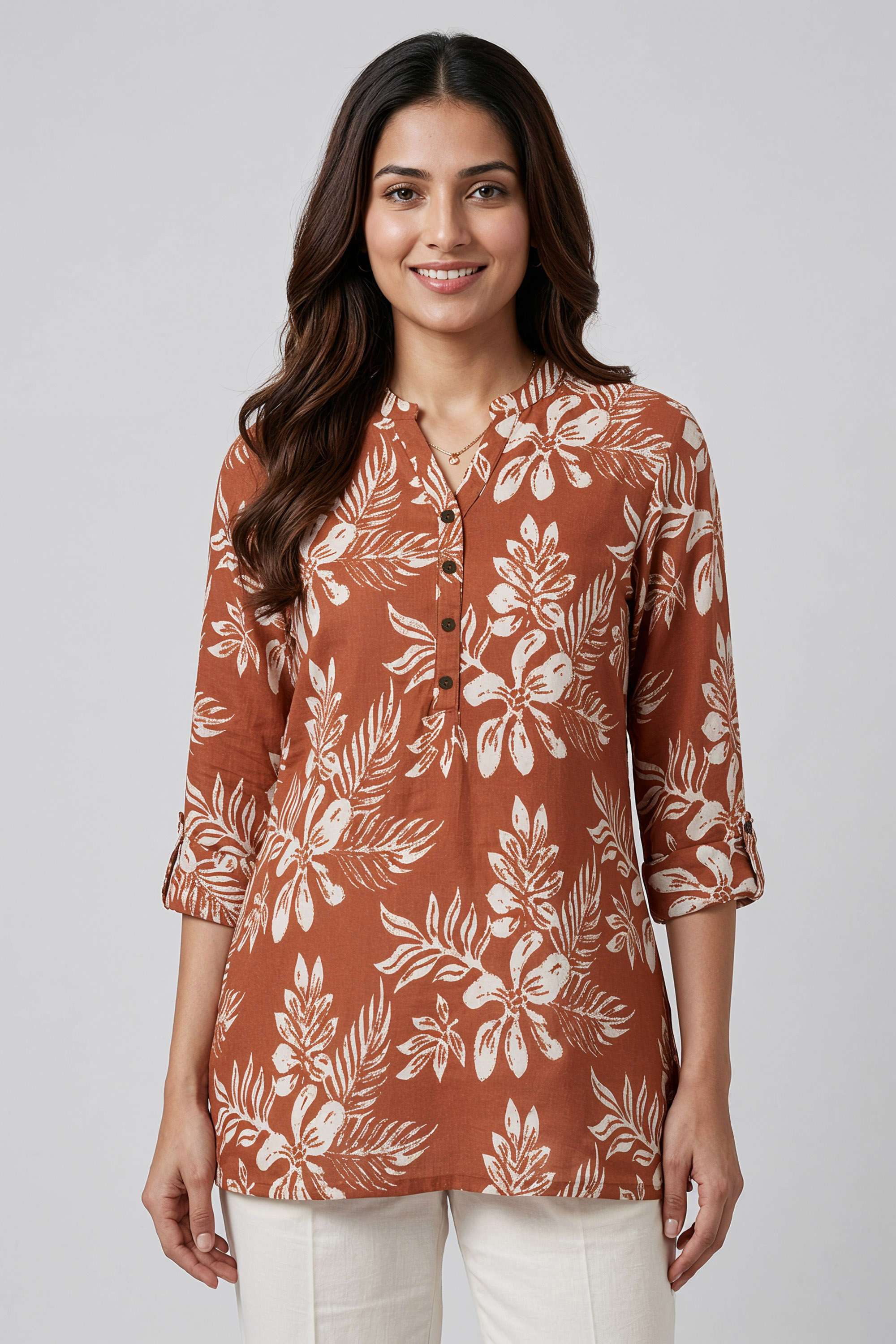 Printed-Blended-Fabric-Collared-Women-s-Tunic