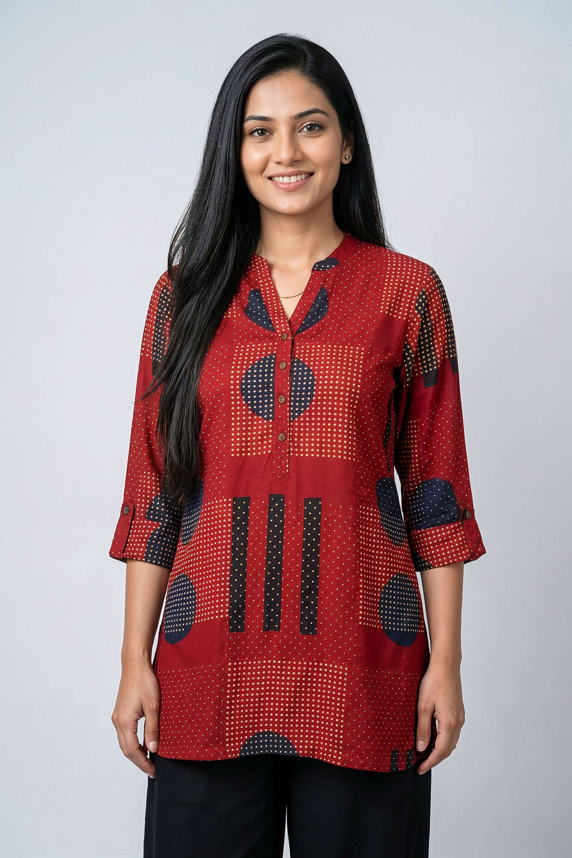 Printed-Blended-Fabric-Collared-Women-s-Tunic