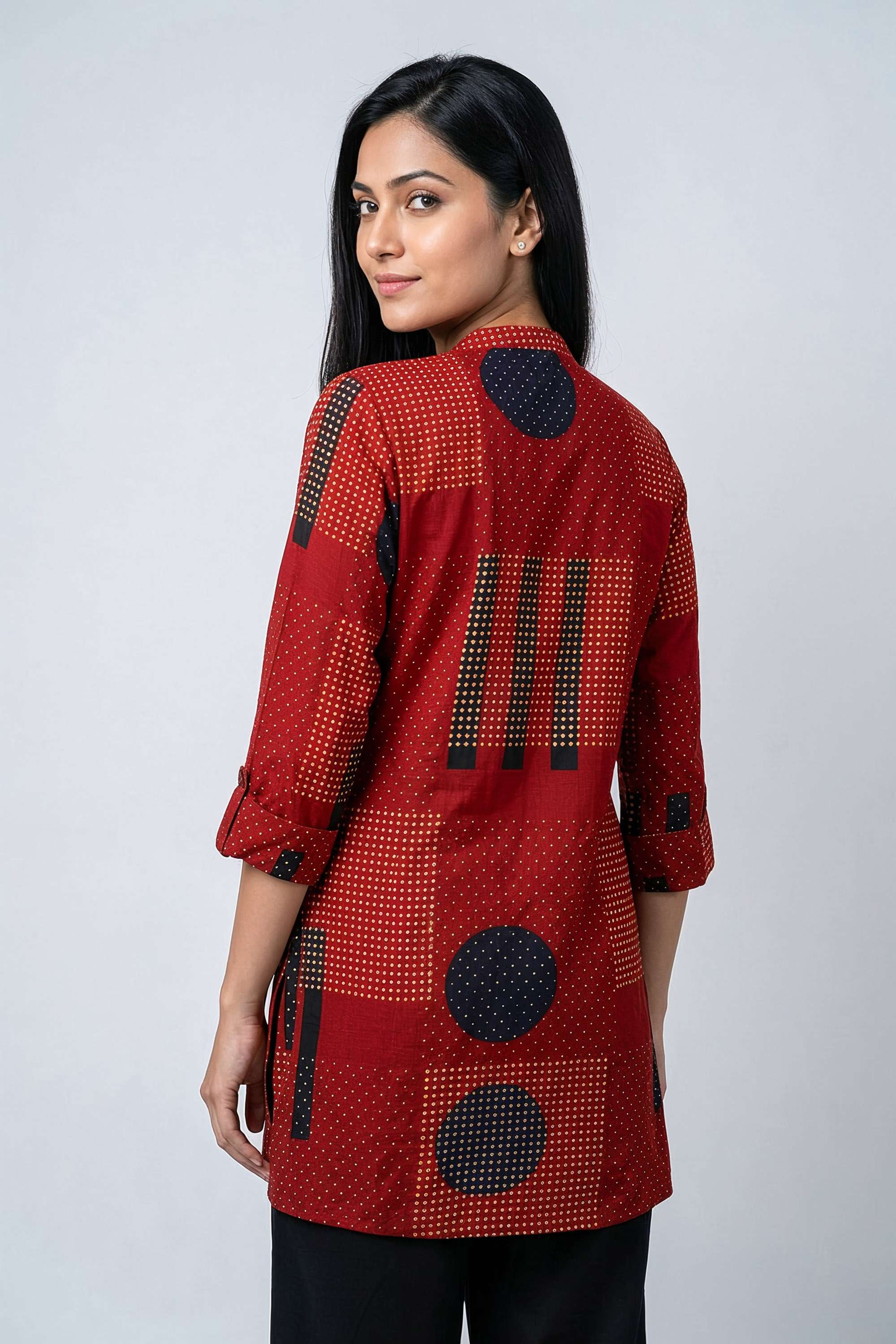 Printed-Blended-Fabric-Collared-Women-s-Tunic