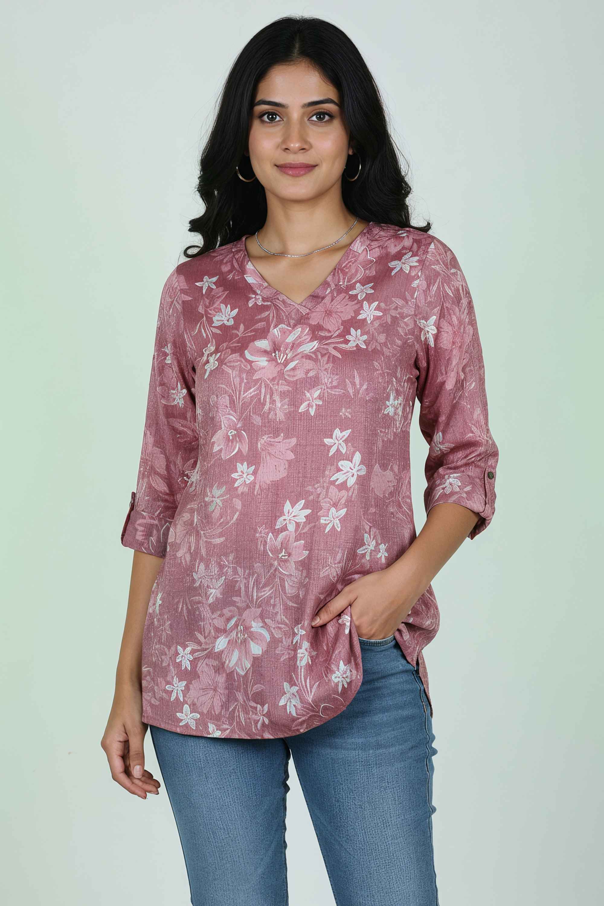 Floral-Blended-Fabric-V-Neck-Women-Tunic