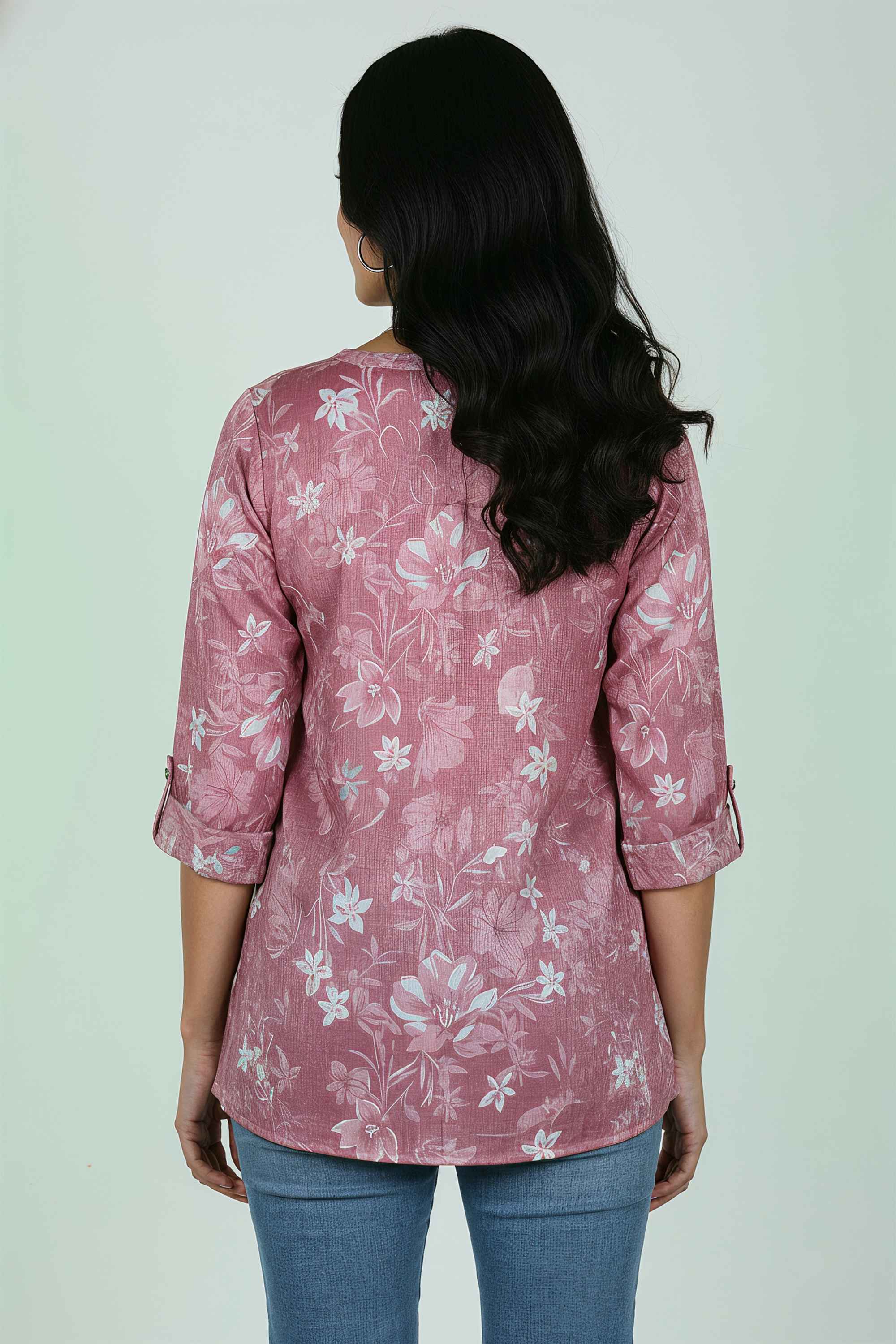 Floral-Blended-Fabric-V-Neck-Women-Tunic