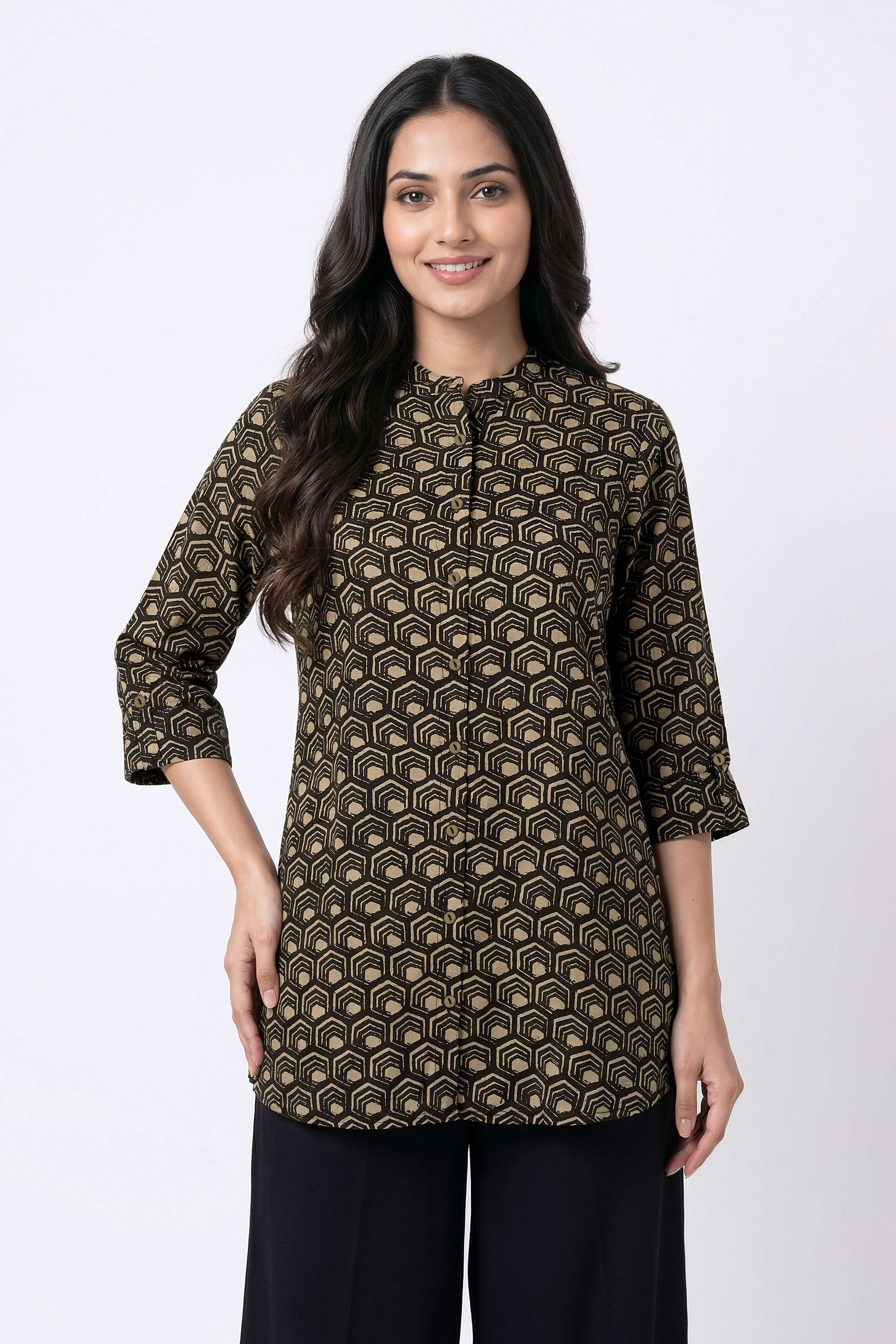 Printed-Blended-Fabric-Collared-Women-s-Tunic