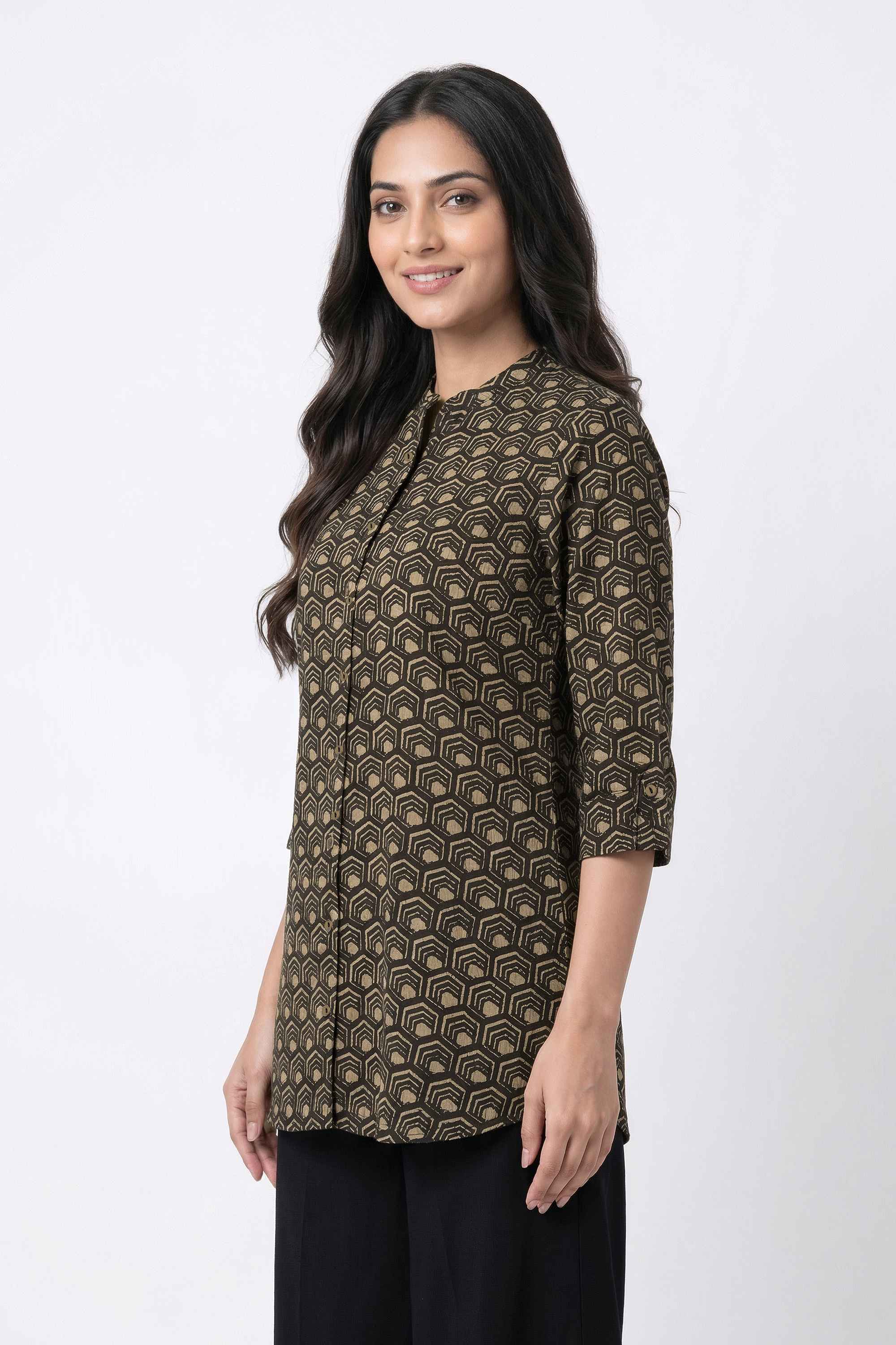 Printed-Blended-Fabric-Collared-Women-s-Tunic