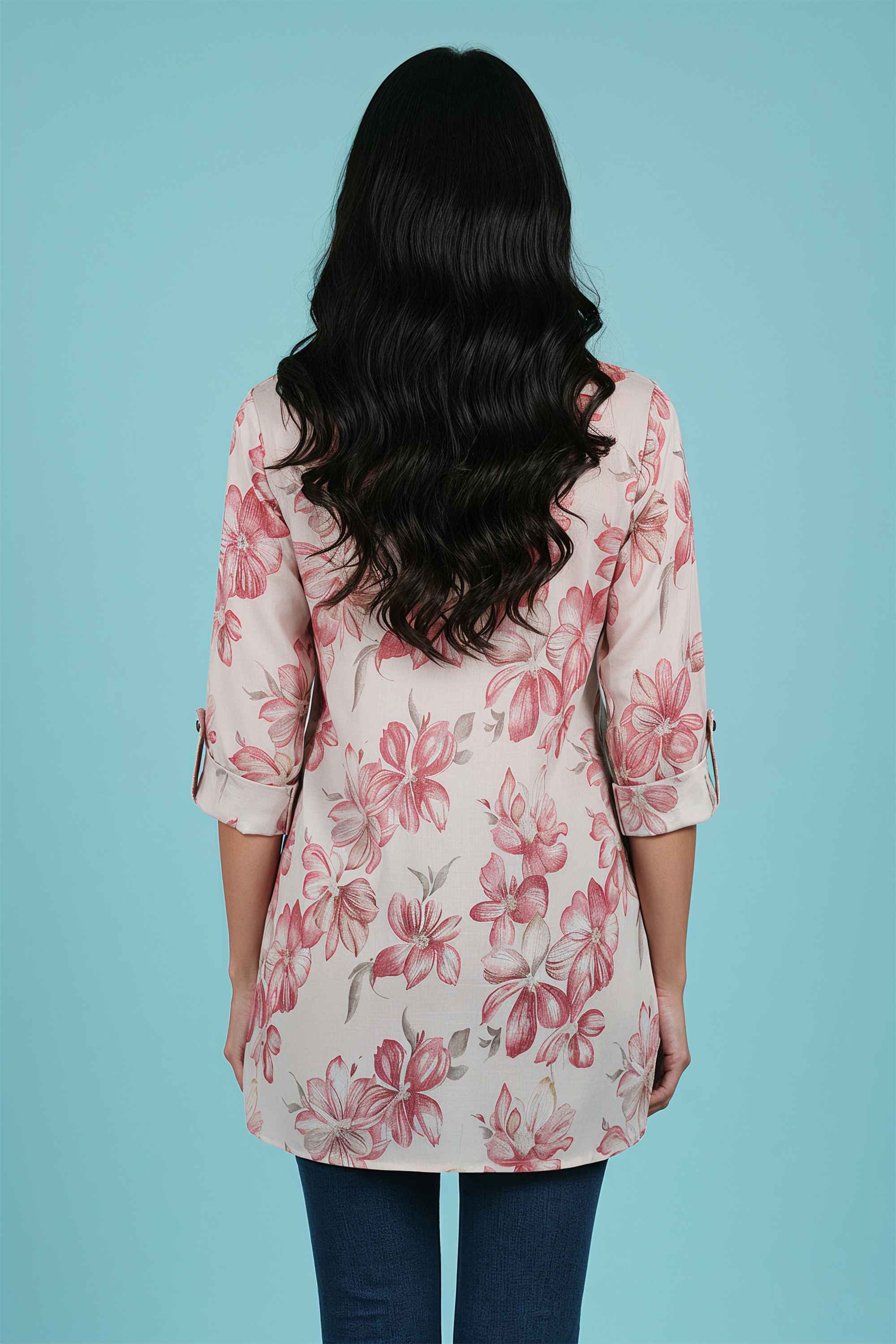 Floral-Blended-Fabric-V-Neck-Women-Tunic