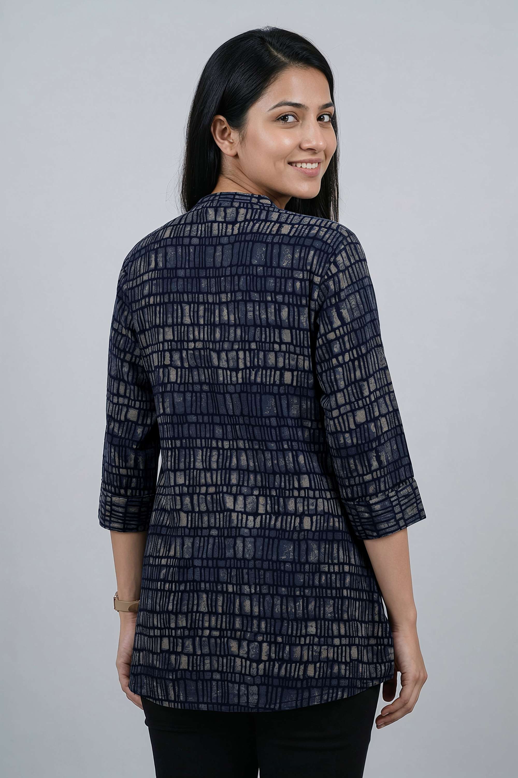 Printed-Blended-Fabric-Collared-Women-s-Tunic