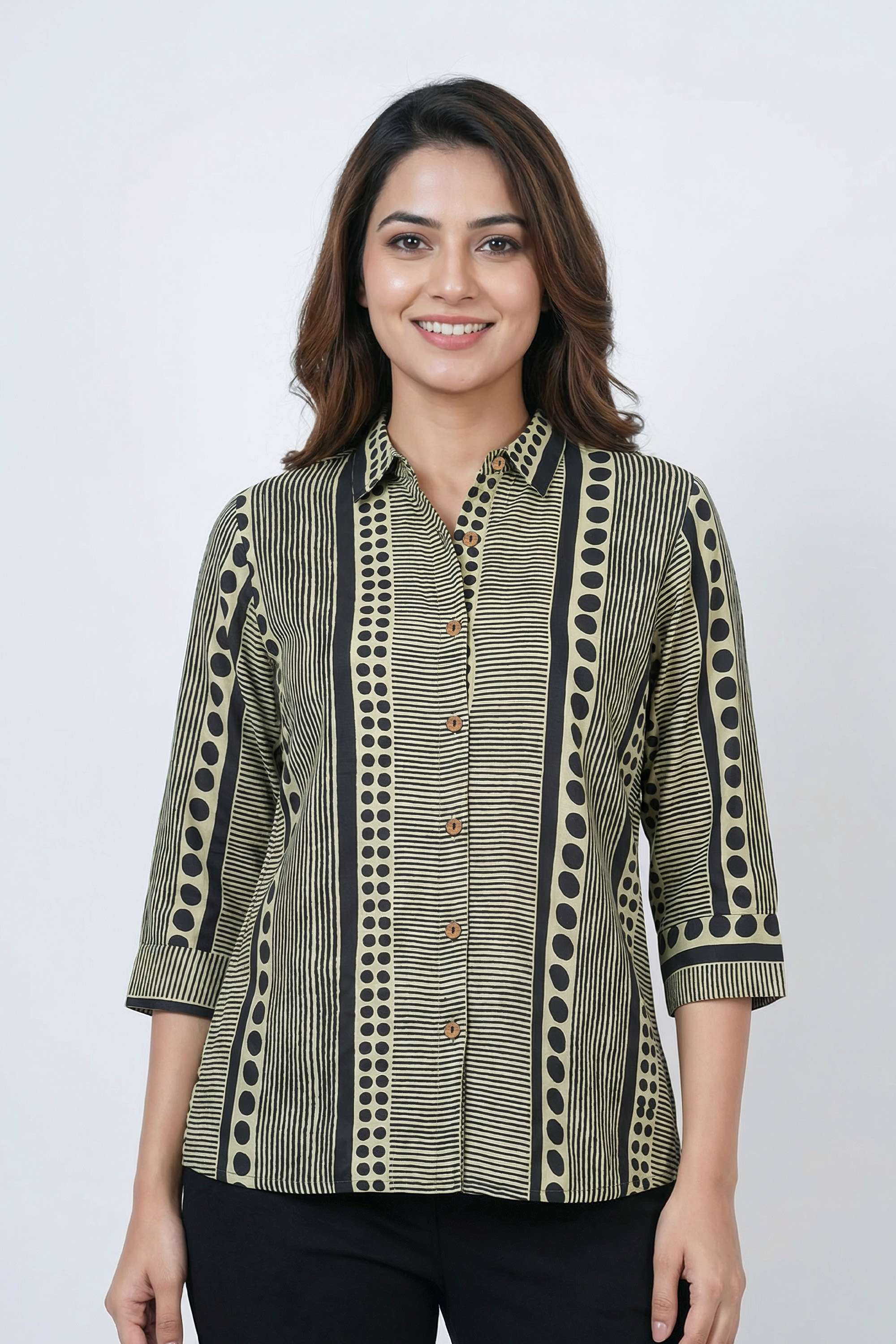 Printed-Blended-Fabric-Collared-Women-s-Tunic