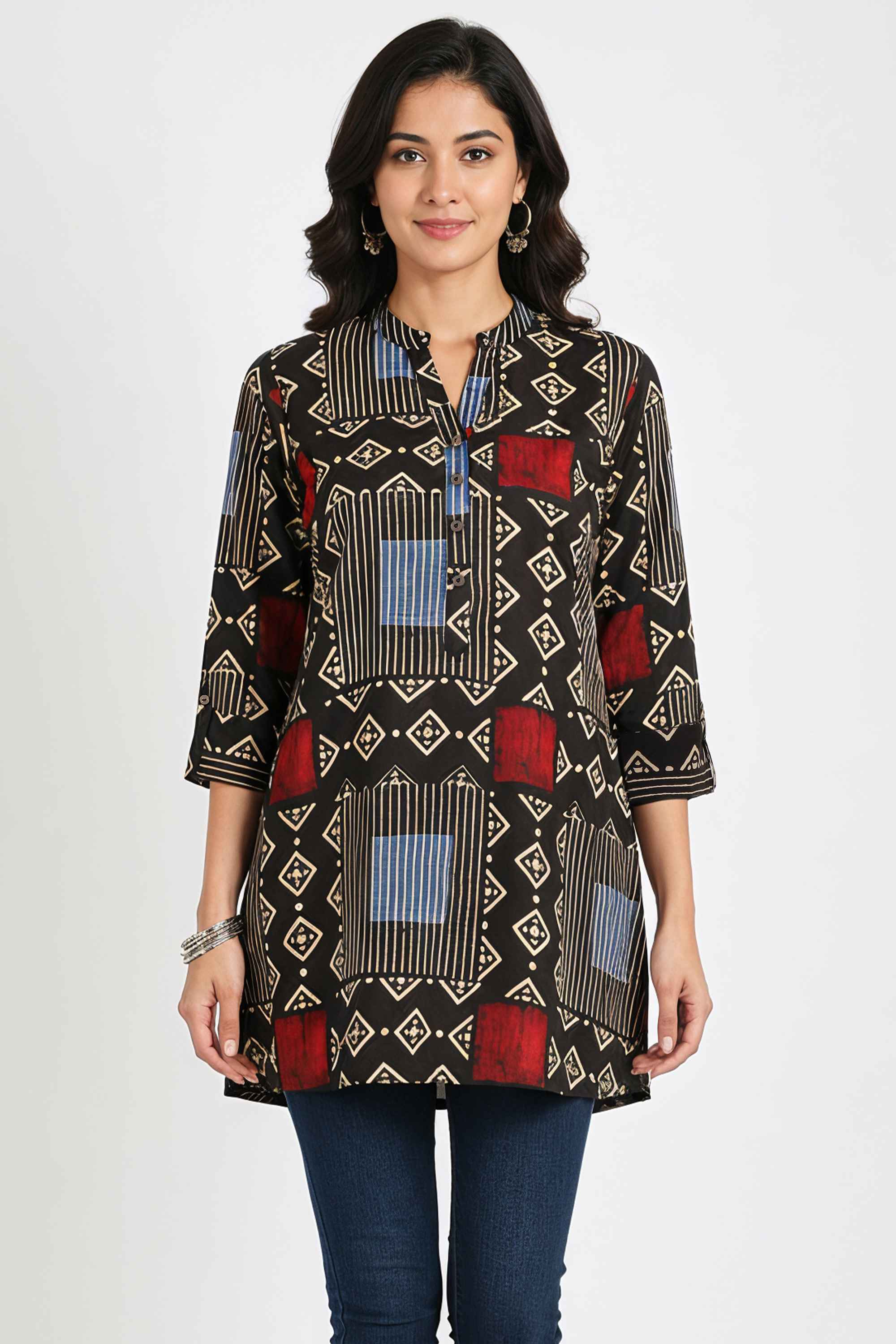 Geometric-Print-Rayon-Round-Neck-Women-Tunic