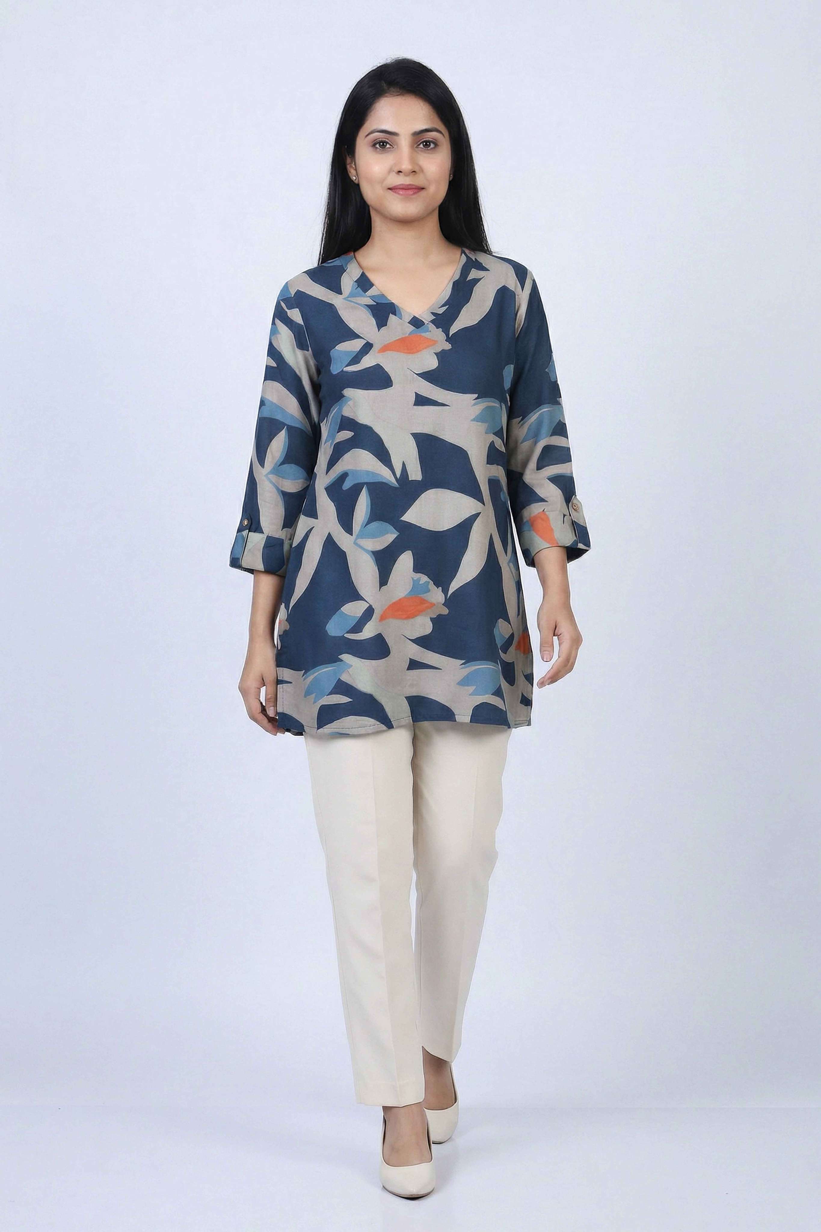 Floral-Rayon-V-Neck-Women-s-Tunic
