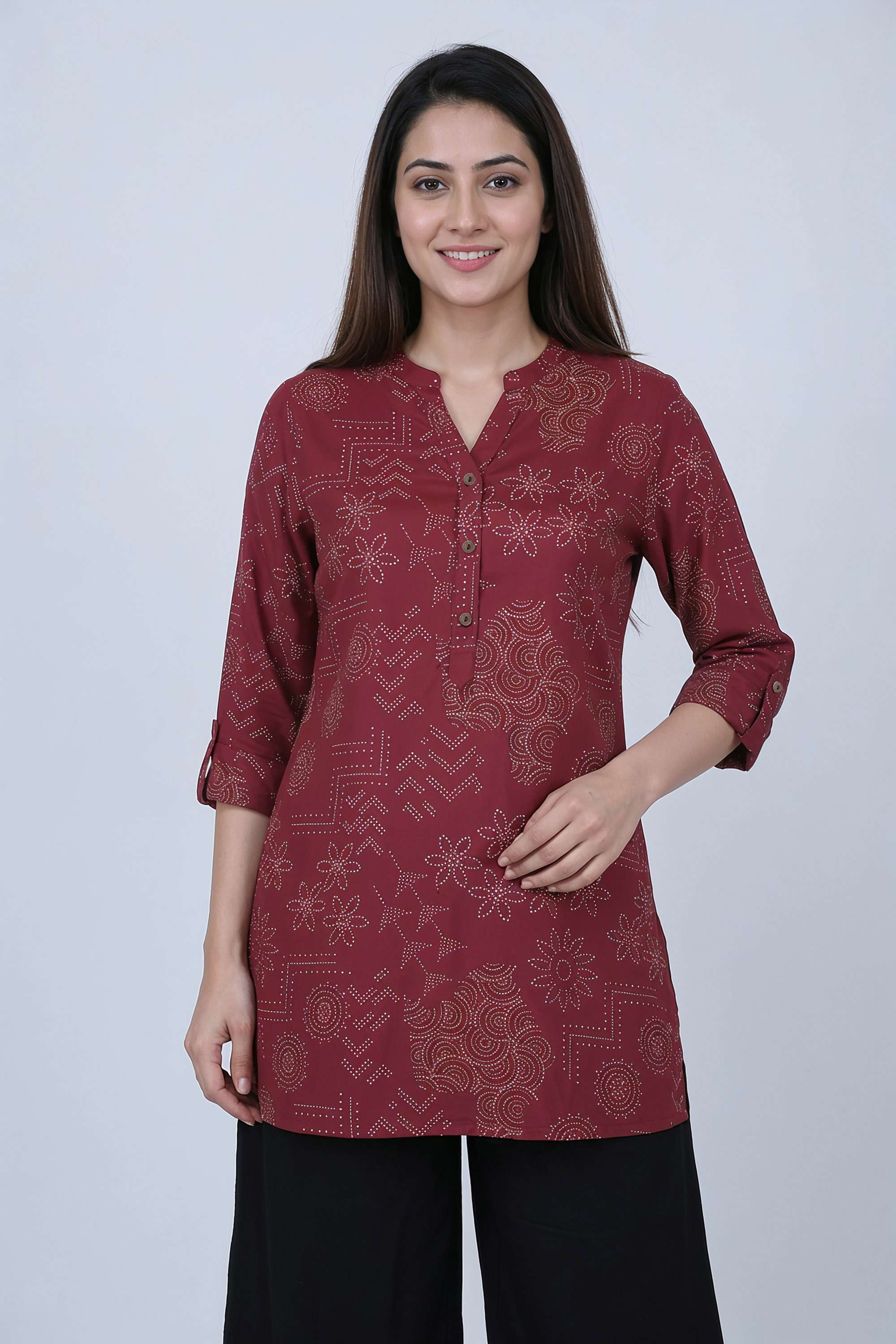 Printed-Blended-Fabric-Collared-Women-s-Tunic