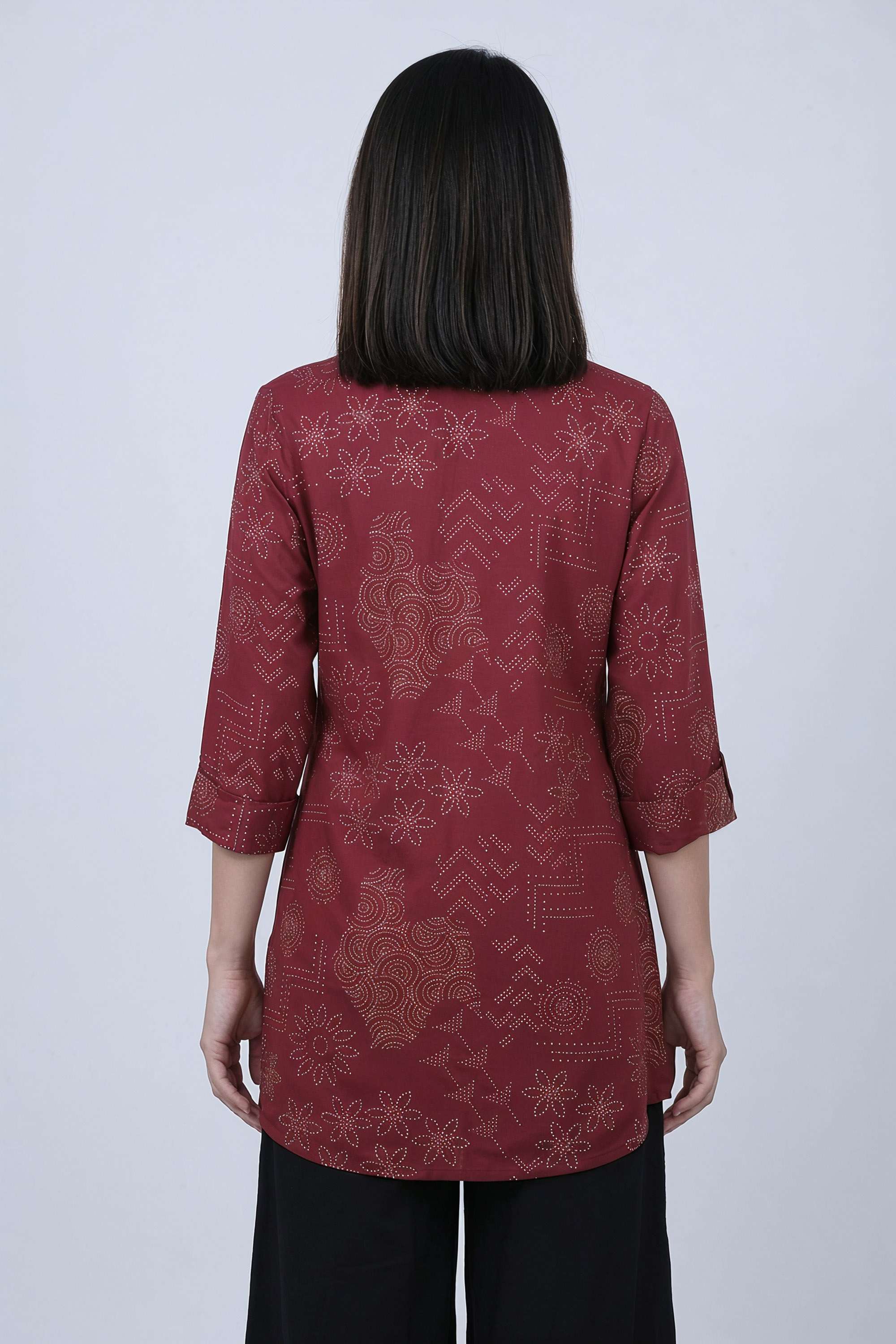 Printed-Blended-Fabric-Collared-Women-s-Tunic