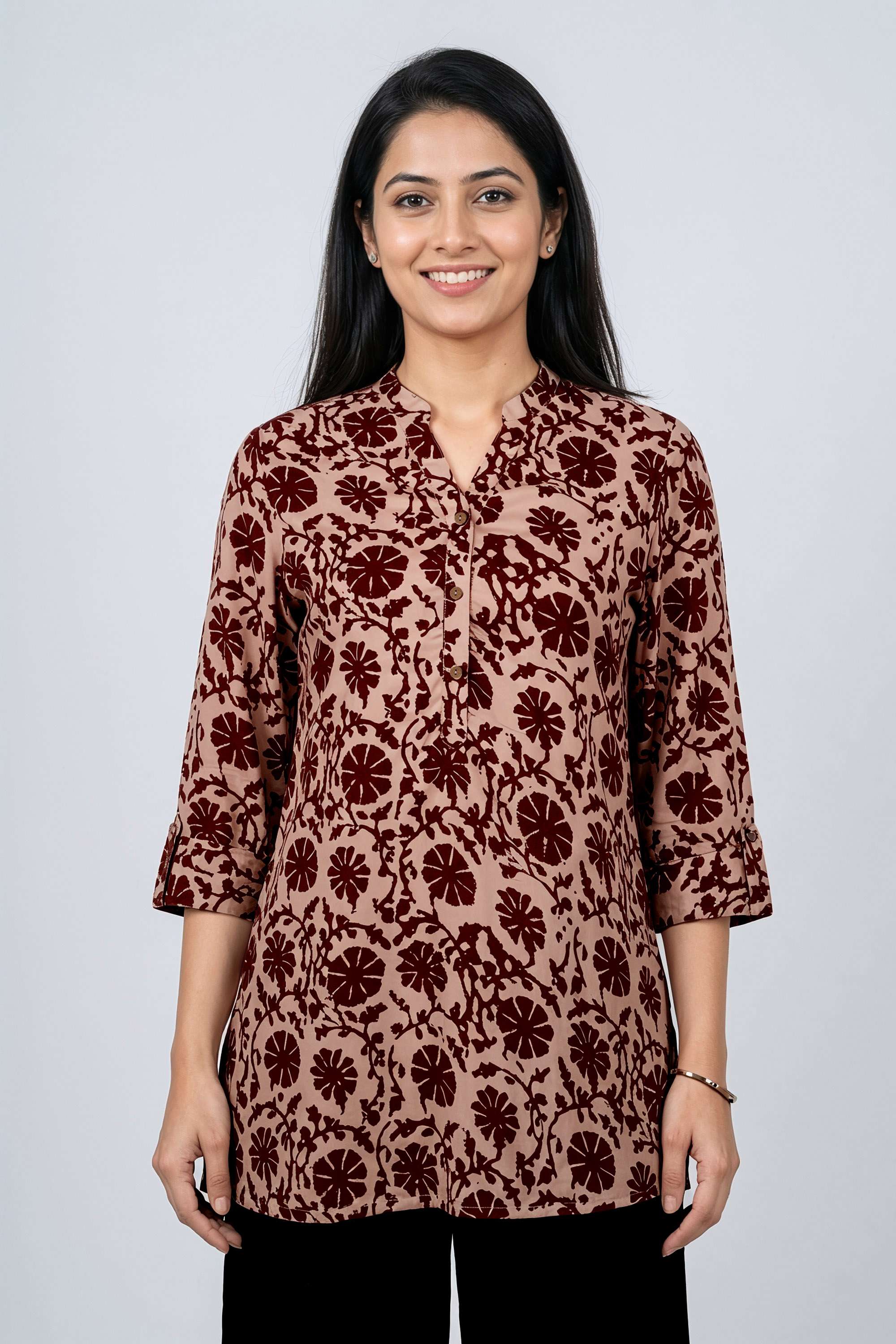Solid-Rayon-Y-Neck-Women-s-Tunic