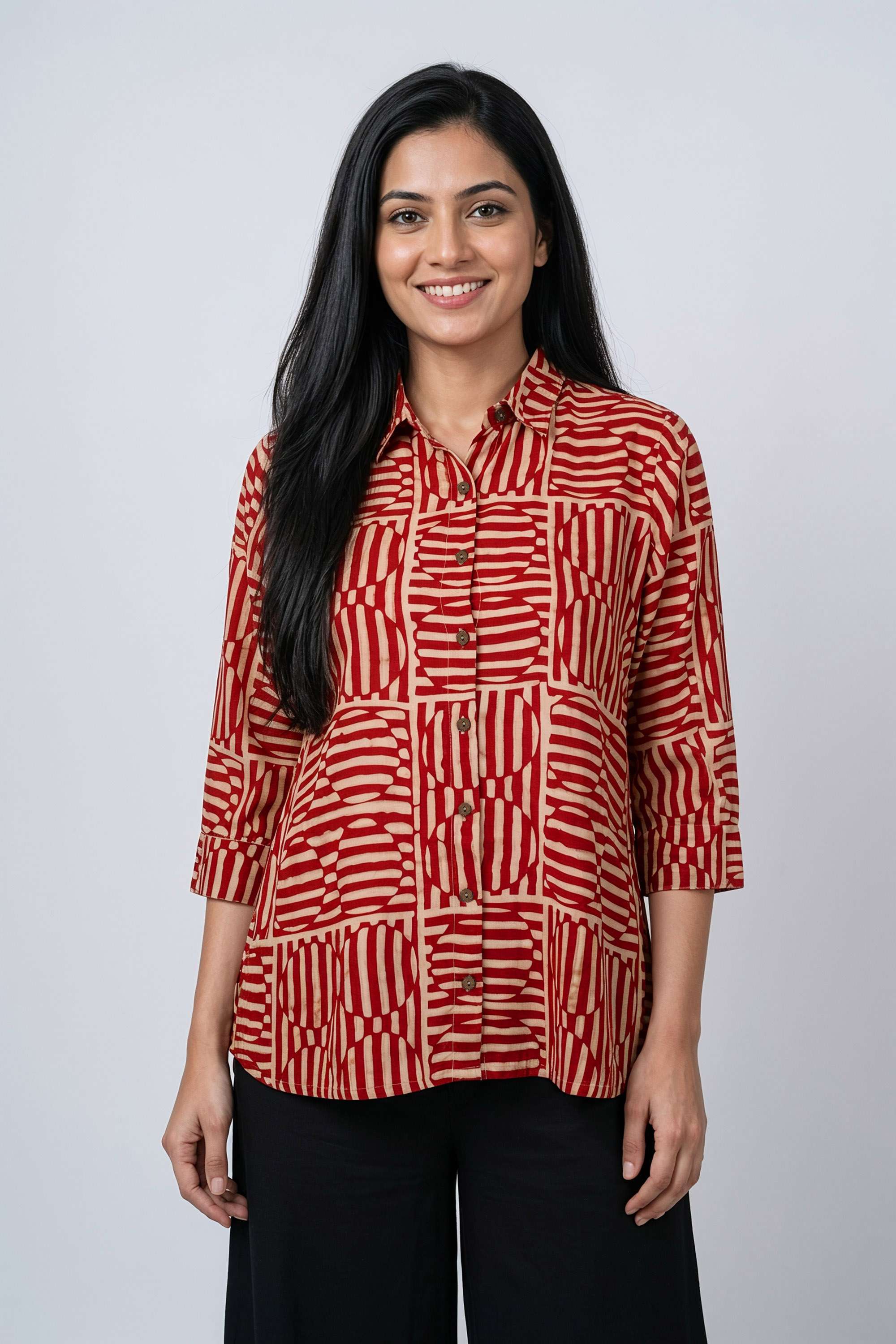 Printed-Blended-Fabric-Collared-Women-s-Tunic