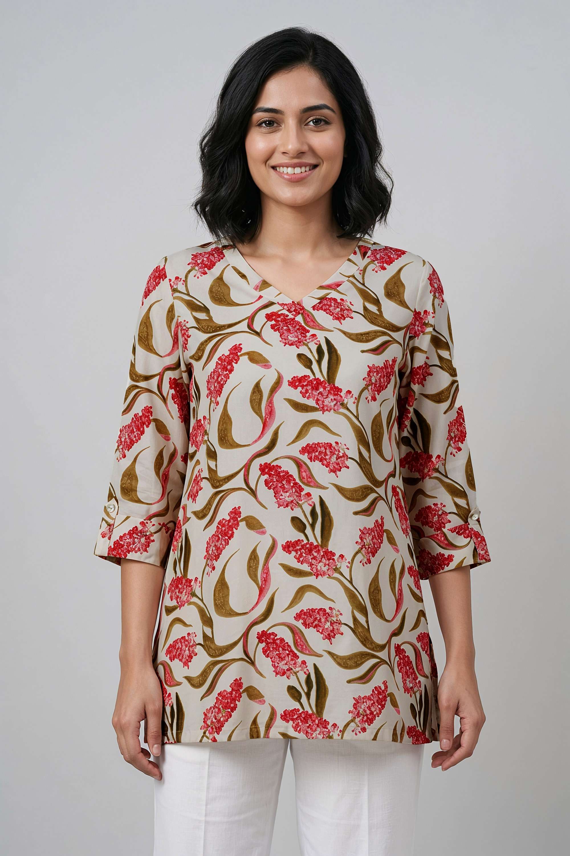 Printed-Blended-Fabric-V-Neck-Women-s-Tunic