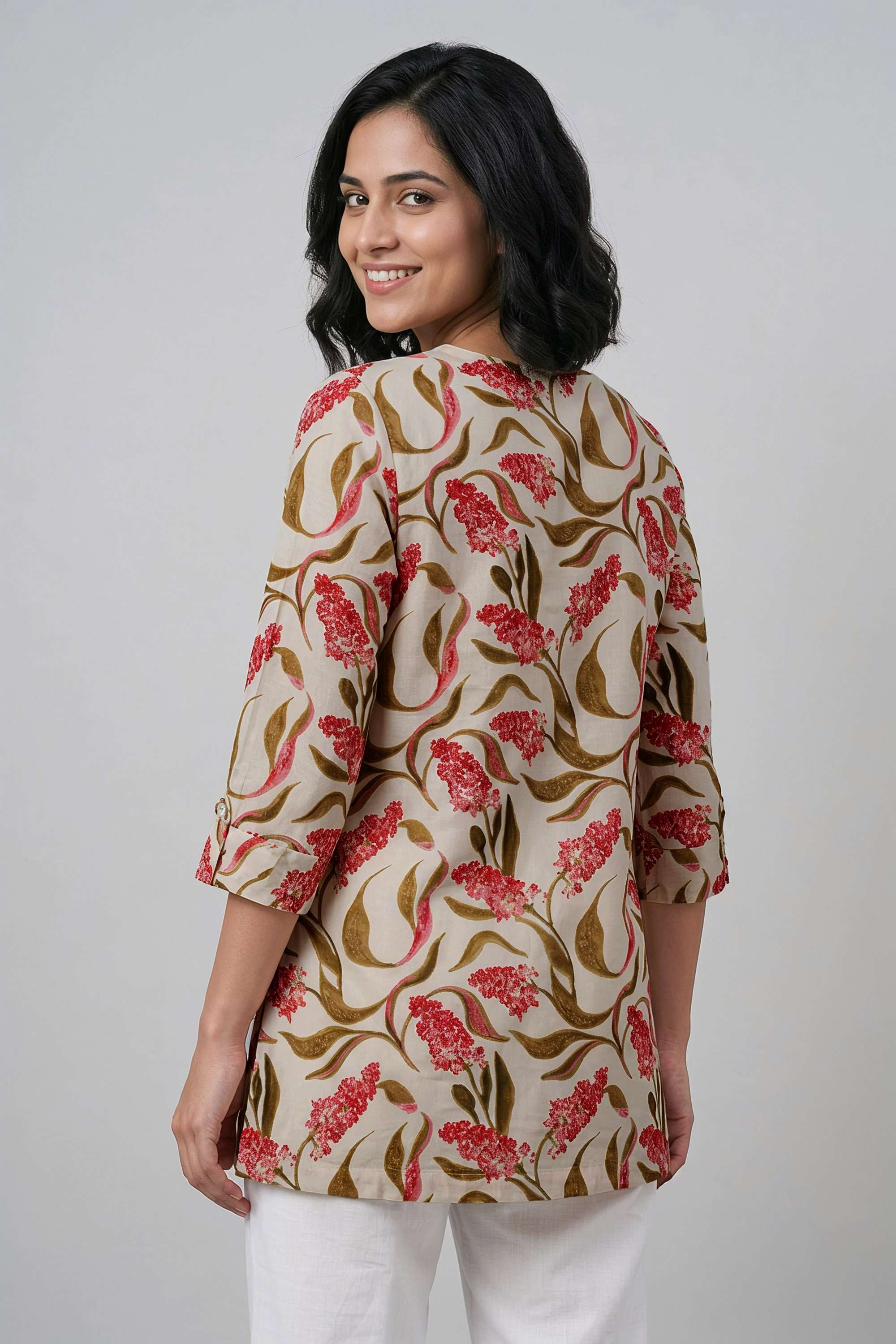 Printed-Blended-Fabric-V-Neck-Women-s-Tunic