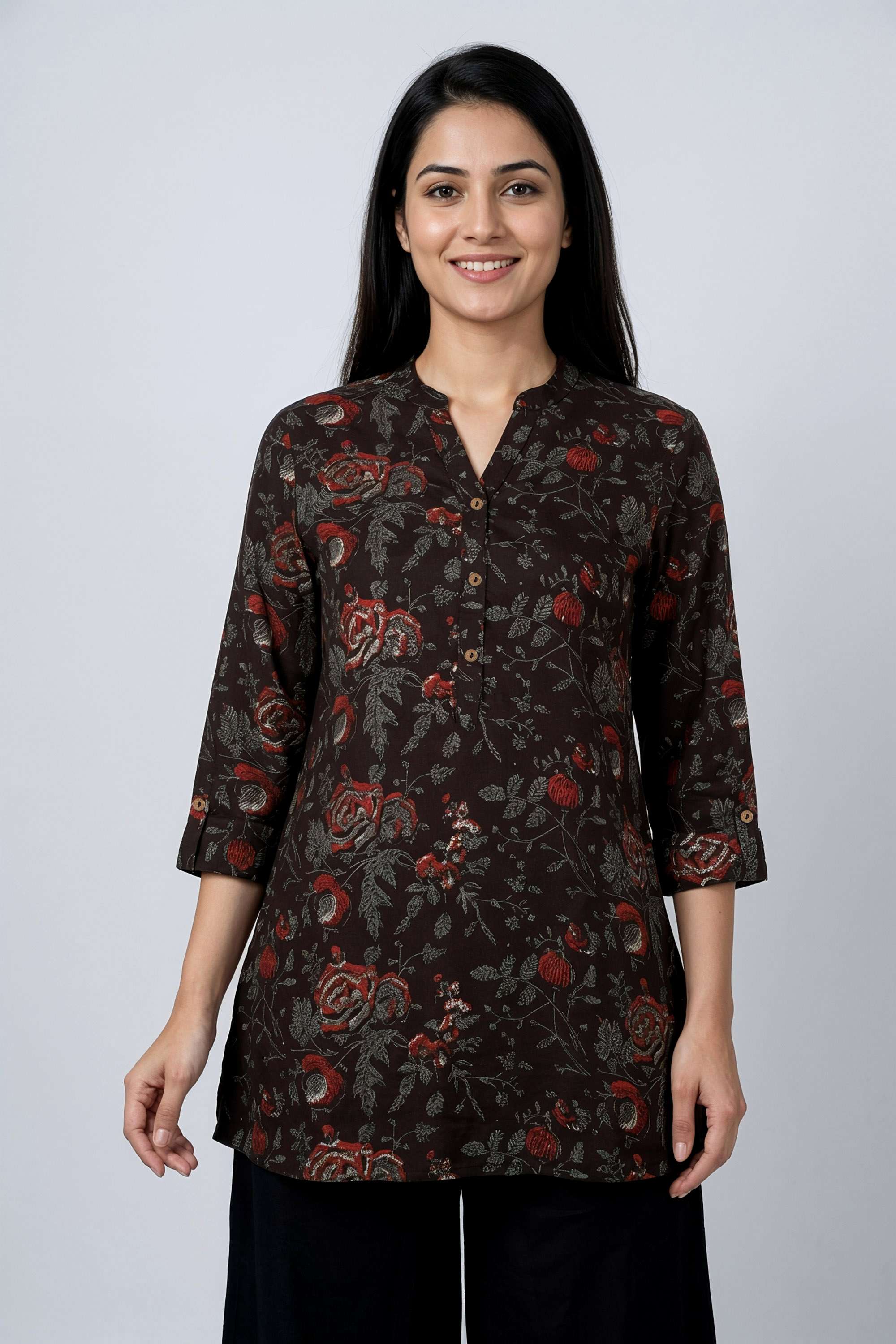Solid-Rayon-Y-Neck-Women-s-Tunic