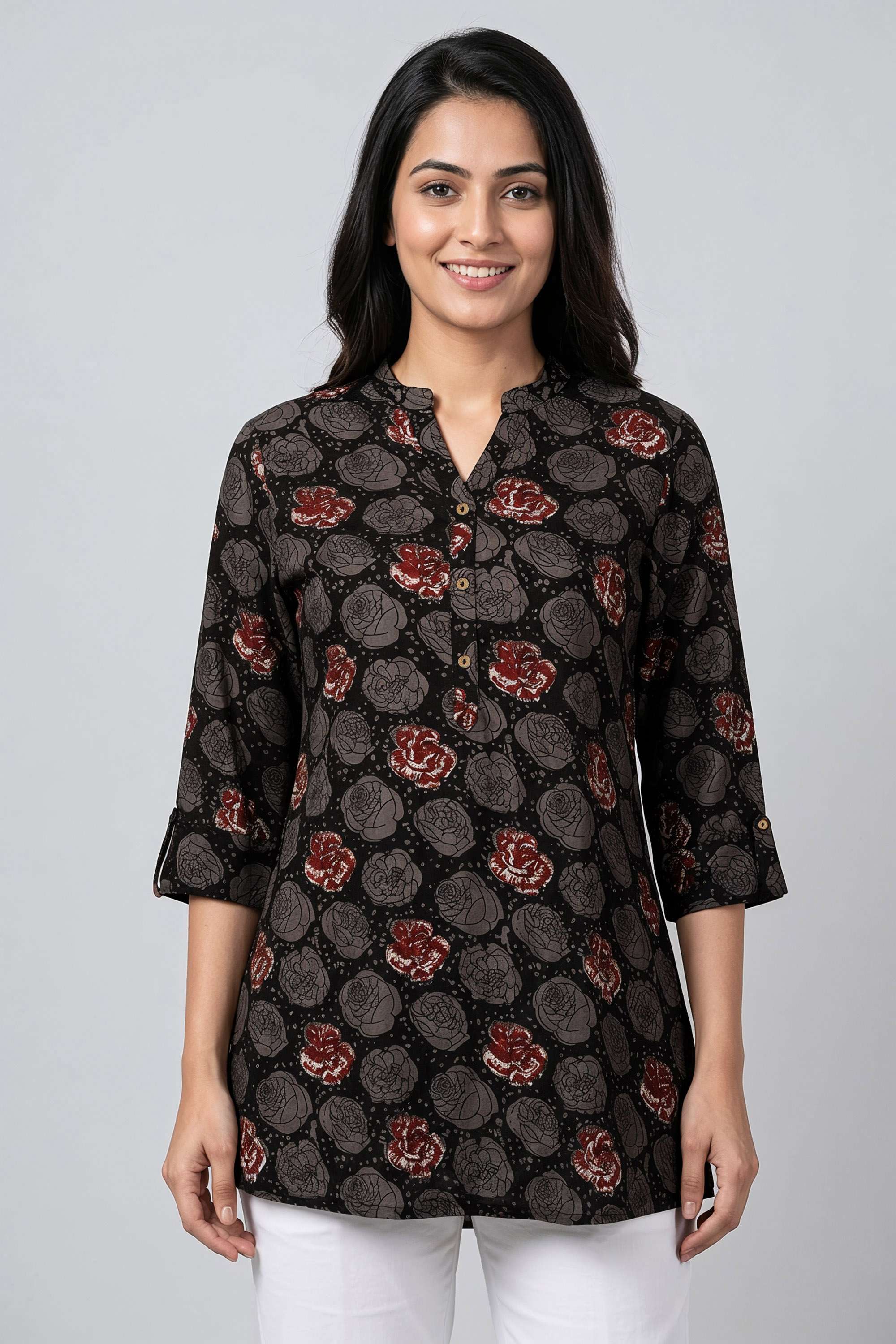 Printed-Blended-Fabric-Collared-Women-s-Tunic