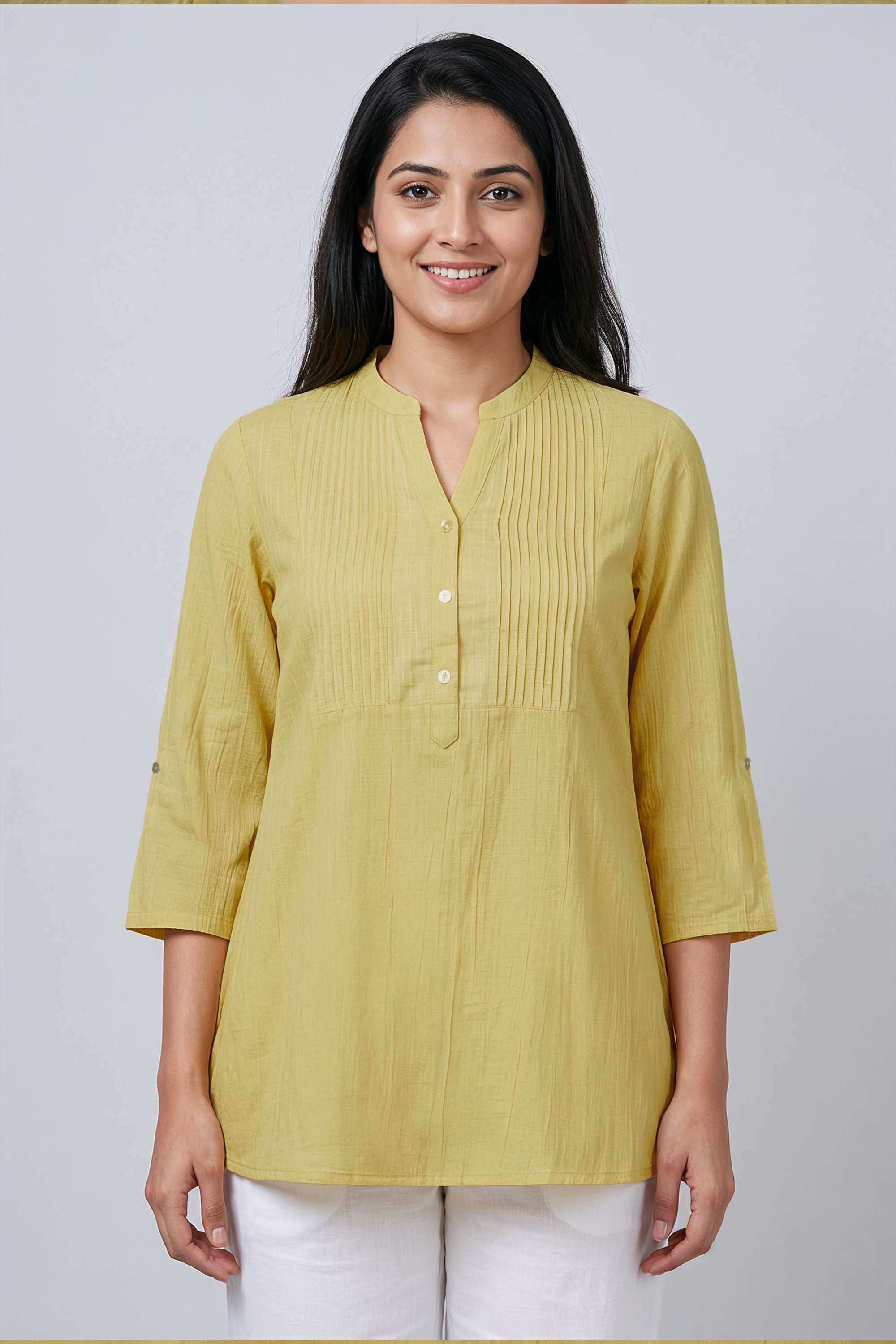 Solid-Blended-Fabric-Collared-Women-s-Tunic