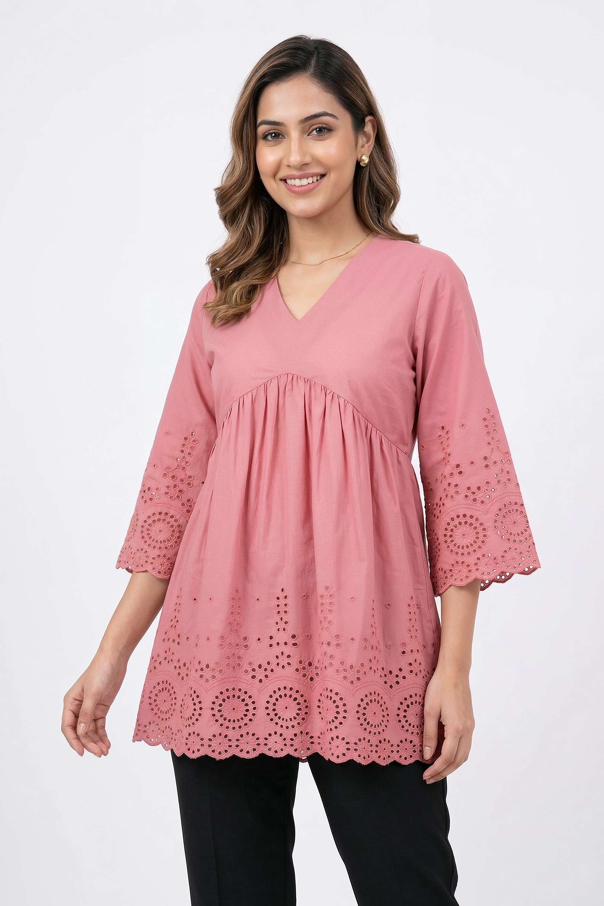 Schiffli-Cotton-V-Neck-Women-s-Tunic