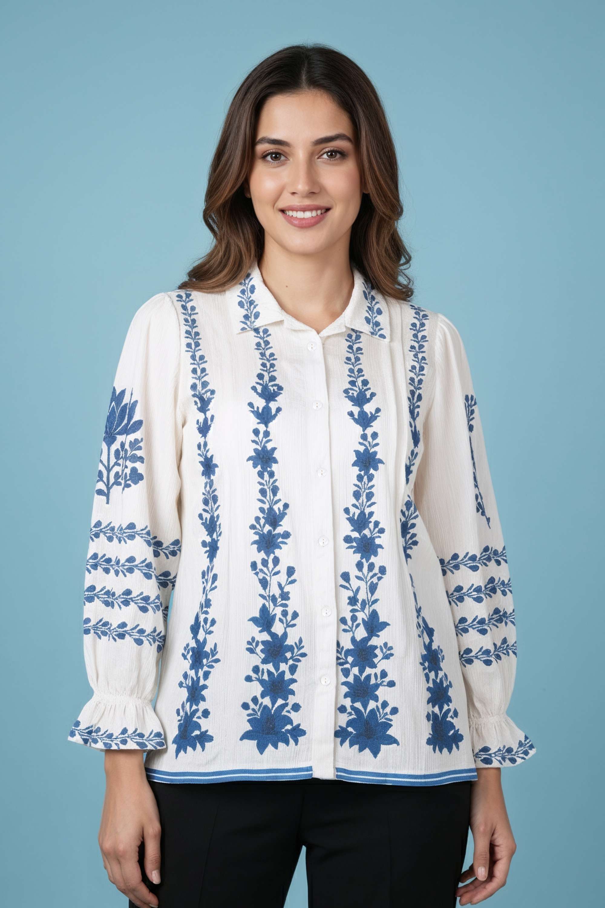 Printed-Blended-Fabric-Collared-Women-s-Tunic