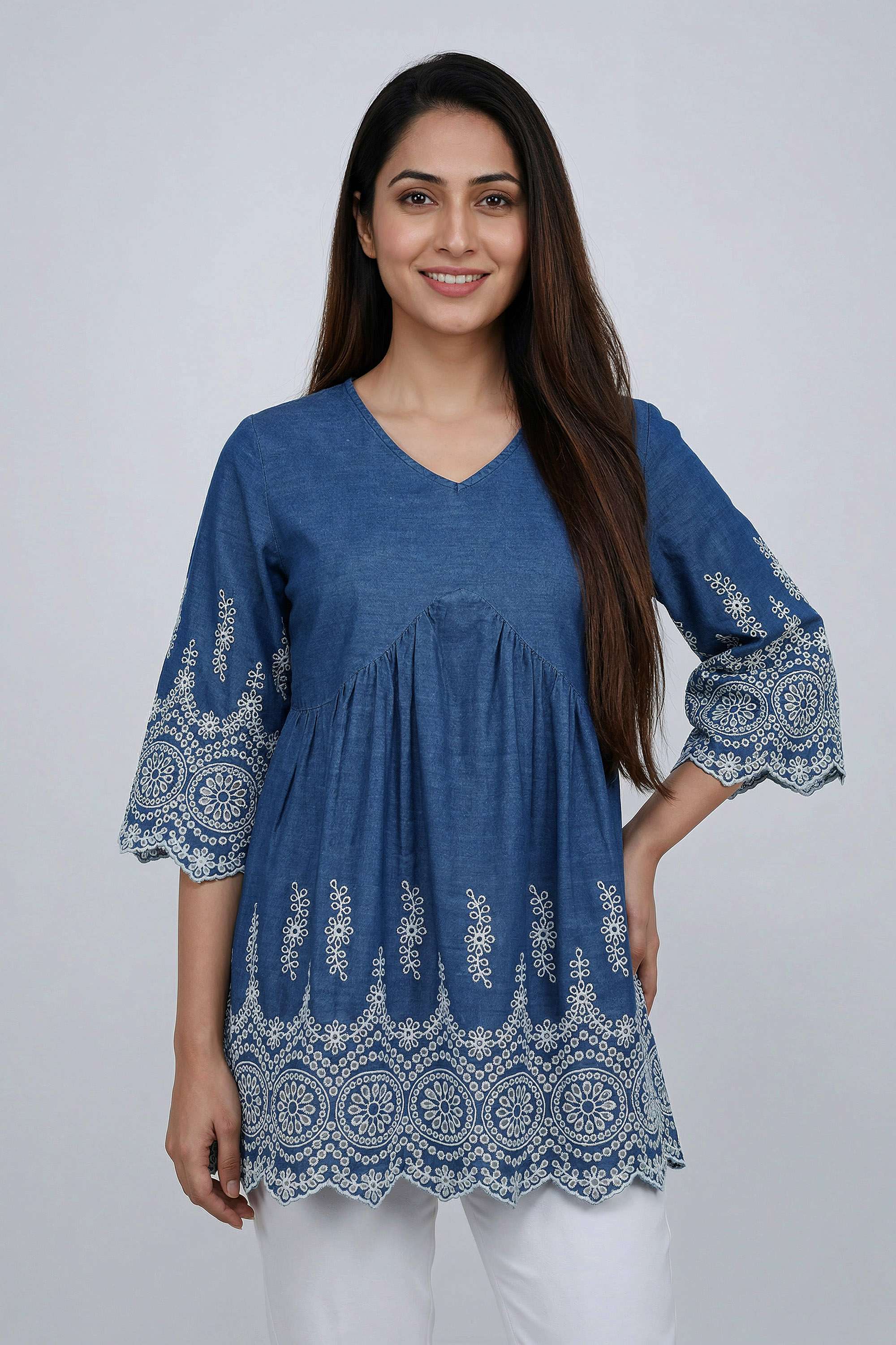 Solid-Denim-V-Neck-Women-s-Tunic