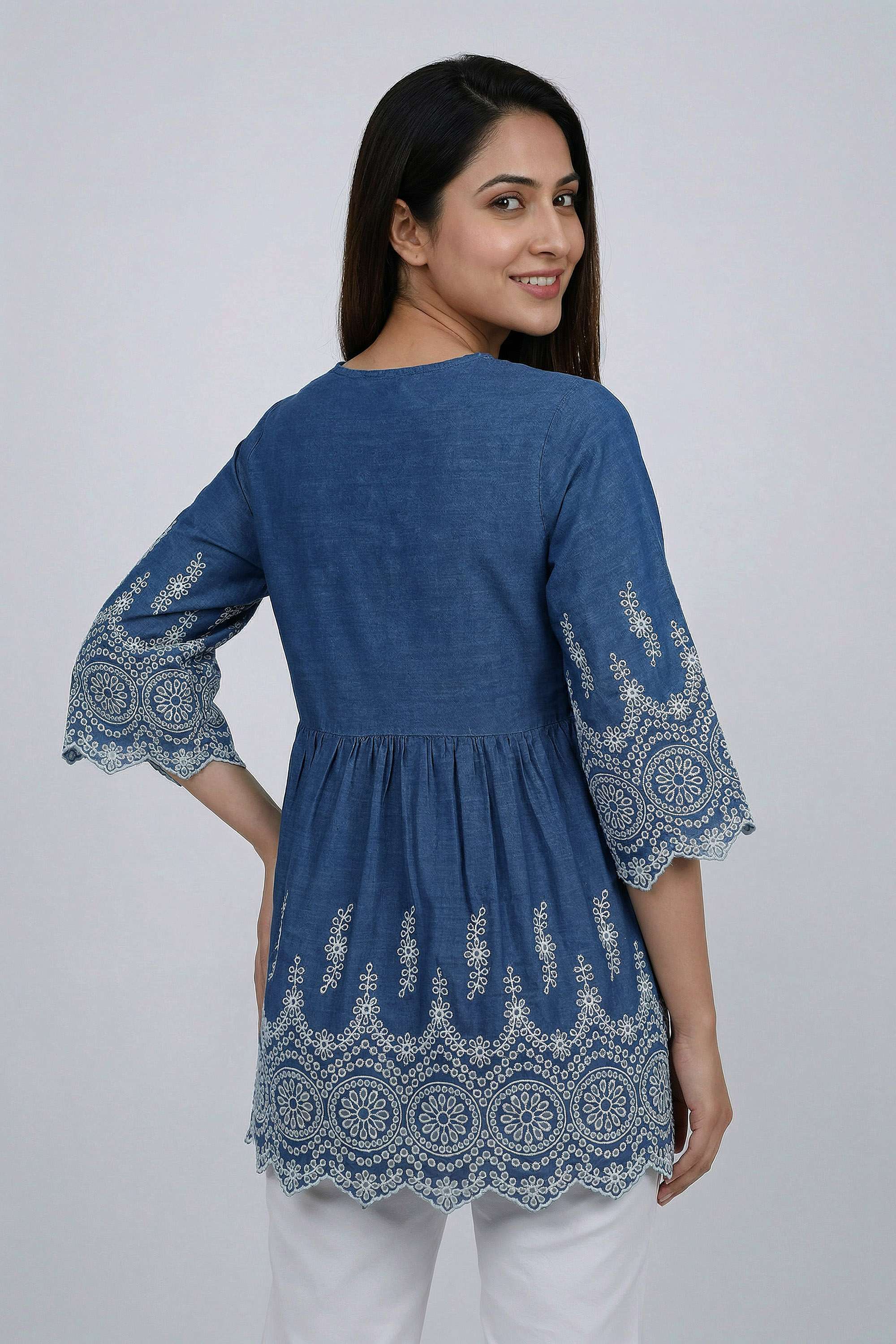 Solid-Denim-V-Neck-Women-s-Tunic